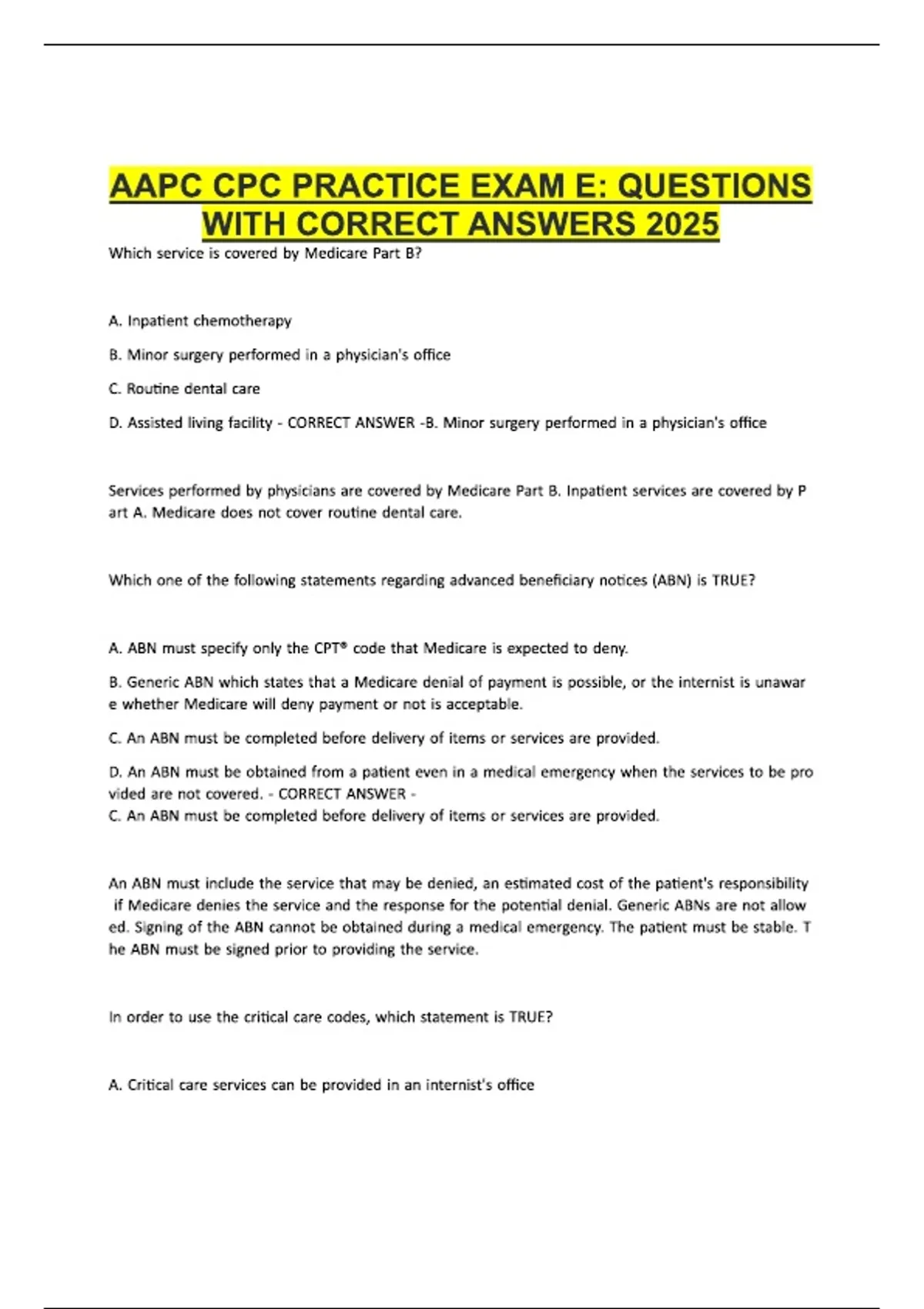 AAPC CPC PRACTICE EXAM E- QUESTIONS WITH CORRECT ANSWERS 2026 - AAPC ...