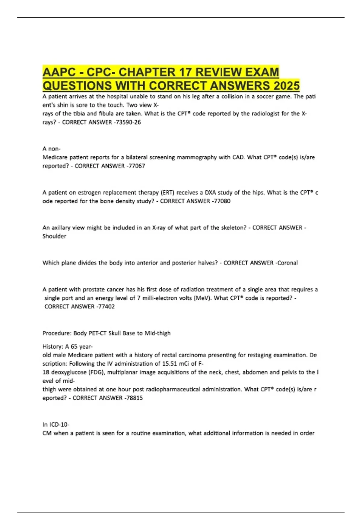 AAPC - CPC- CHAPTER 17 REVIEW EXAM QUESTIONS WITH CORRECT ANSWERS 2026 ...