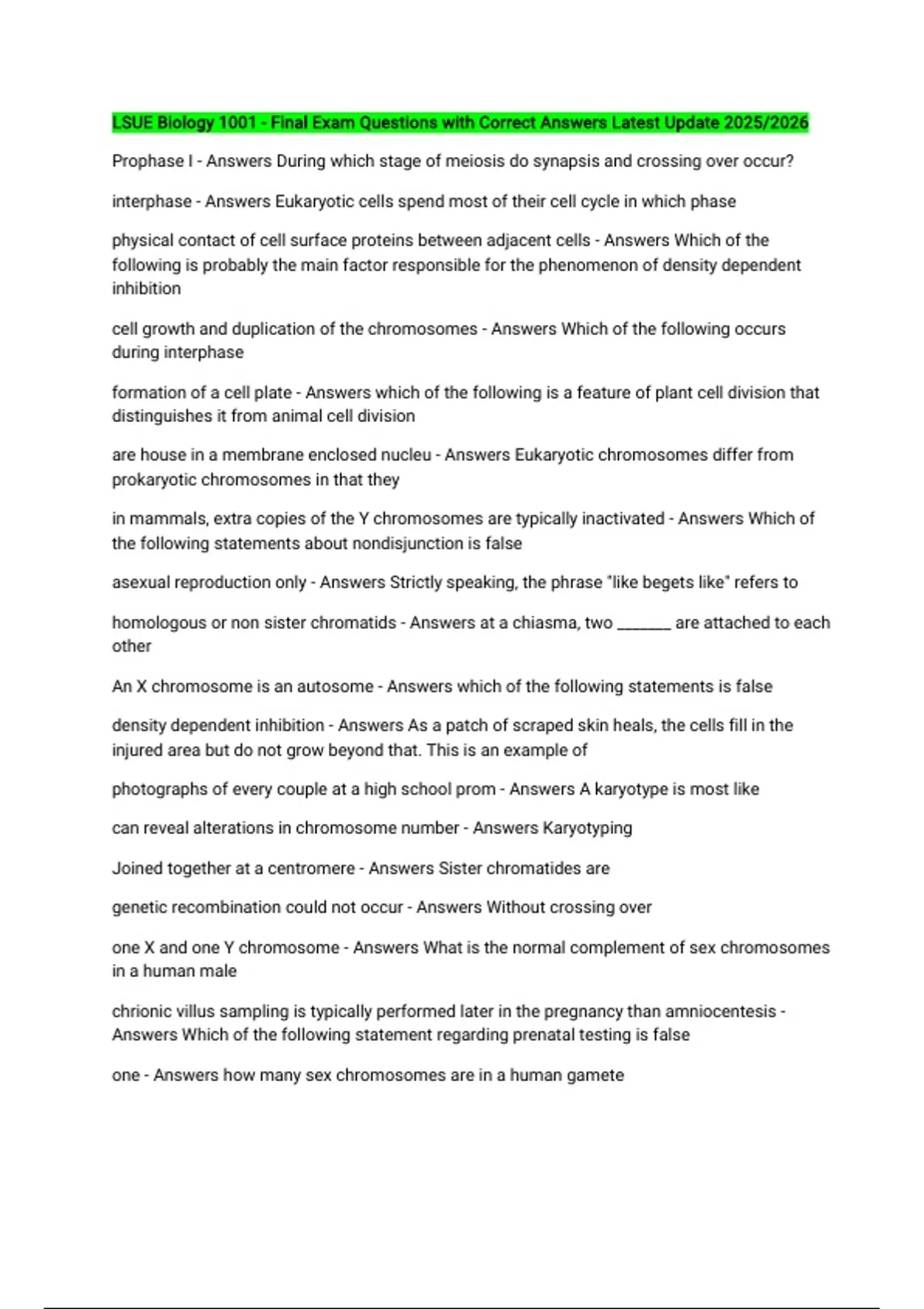 LSUE Biology 1001 - Final Exam Questions with Correct Answers Latest ...