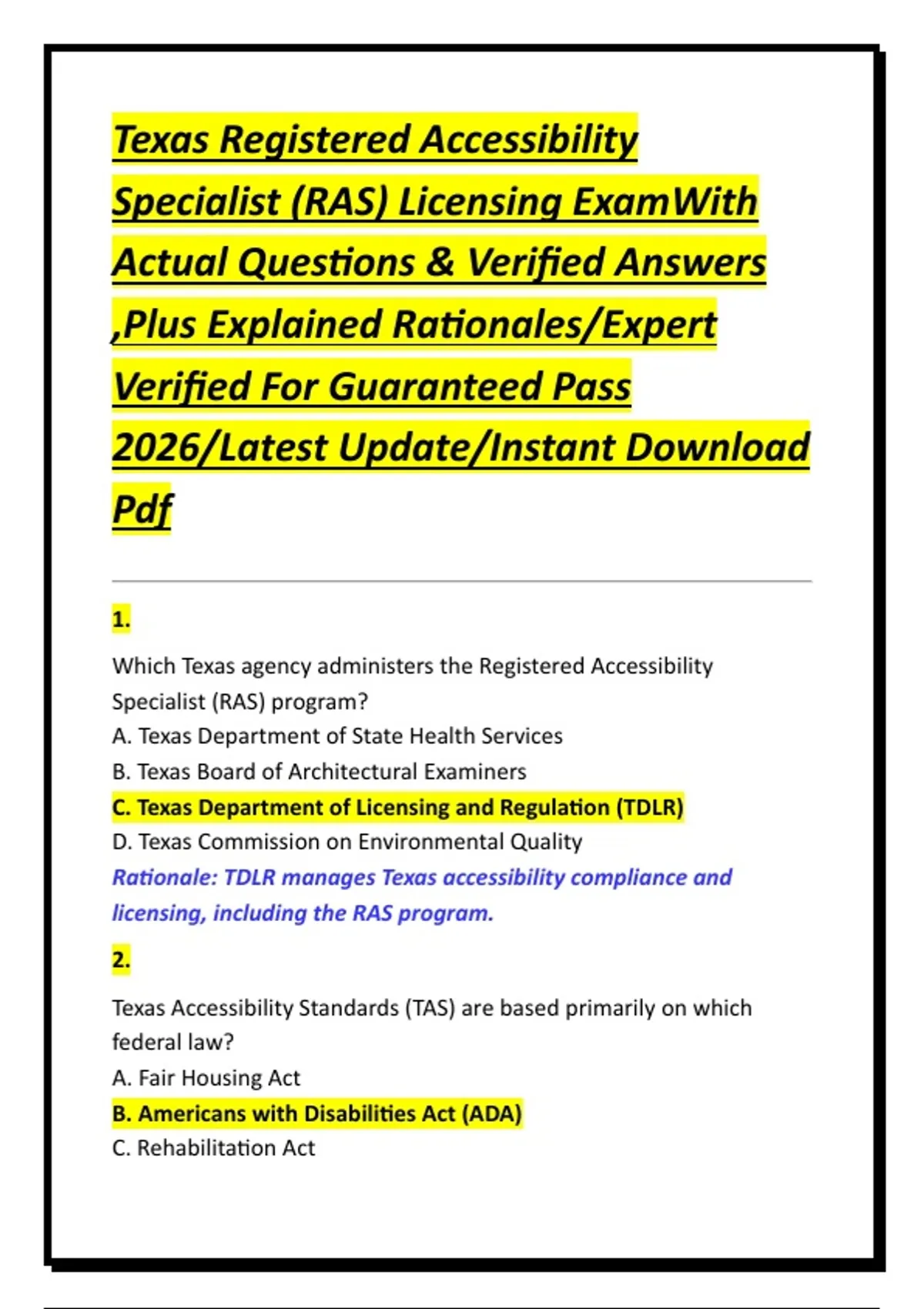 Pass Rass Texas Registered Accessibility Specialist (RAS) Licensing ExamWith ...