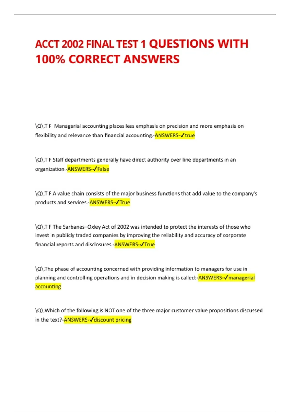 ACCT 2002 FINAL TEST 1 QUESTIONS WITH 100% CORRECT ANSWERS || 2025.2026 ...