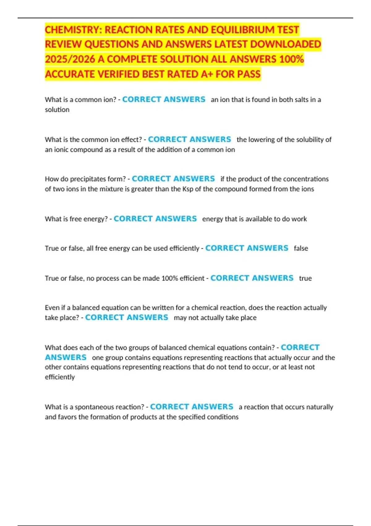 Review Question Rates CHEMISTRY: REACTION RATES AND EQUILIBRIUM TEST REVIEW QUESTIONS AND ...