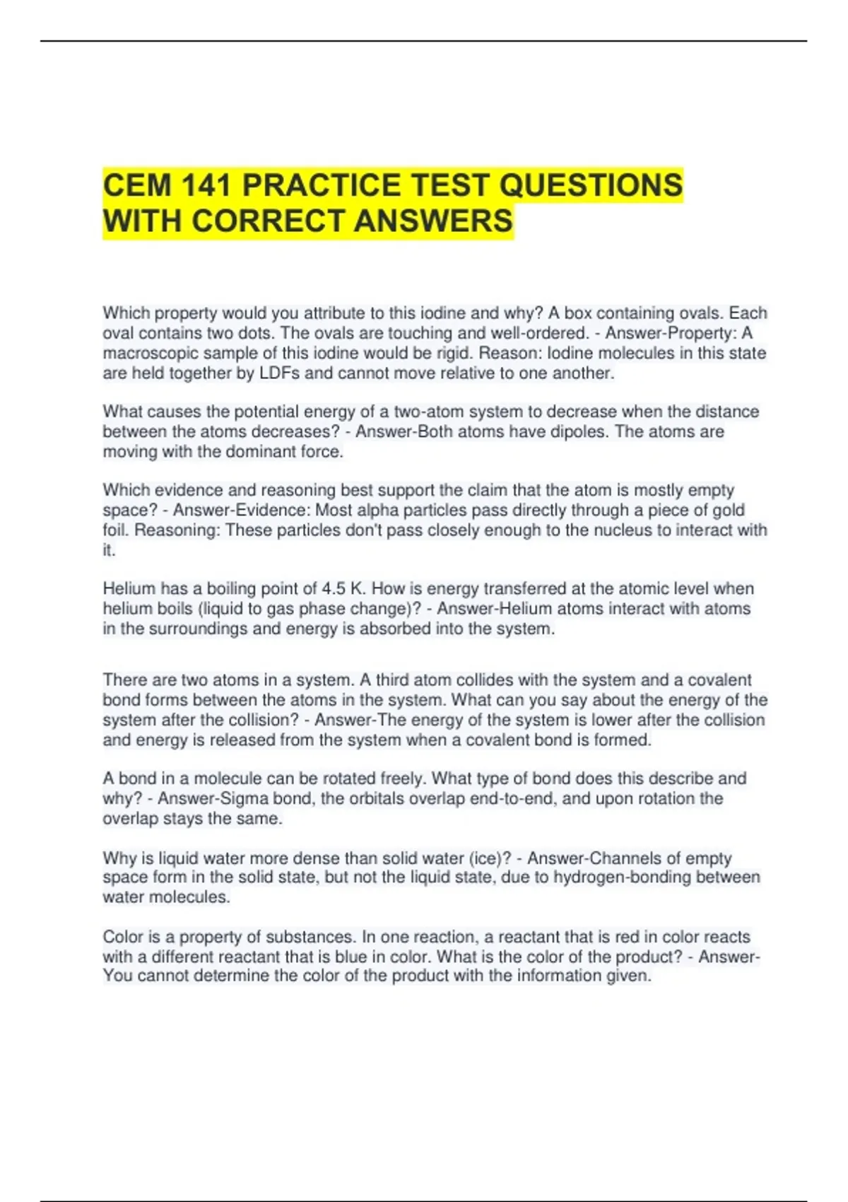 CEM 141 PRACTICE TEST QUESTIONS WITH CORRECT ANSWERS - CEM 141 - Stuvia US