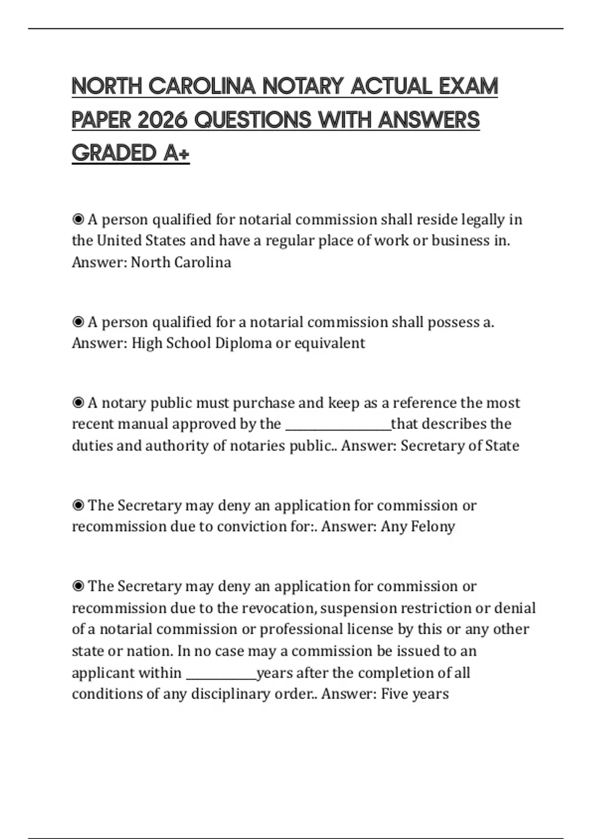 NORTH CAROLINA NOTARY ACTUAL EXAM PAPER 2026 QUESTIONS WITH ANSWERS GRADED A+ - NORTH CAROLINA ...