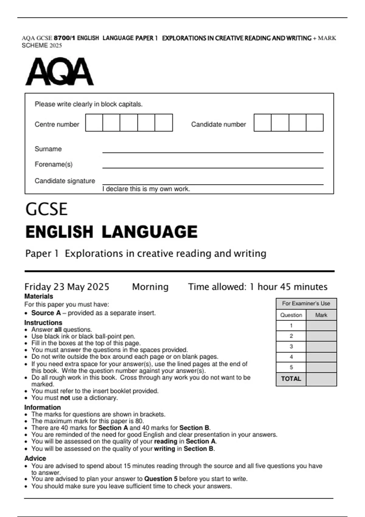 PACKAGE-AQA GCSE 8700 ENGLISH LANGUAGE PAPER 1 &2 + MARK SCHEME 2025 ...