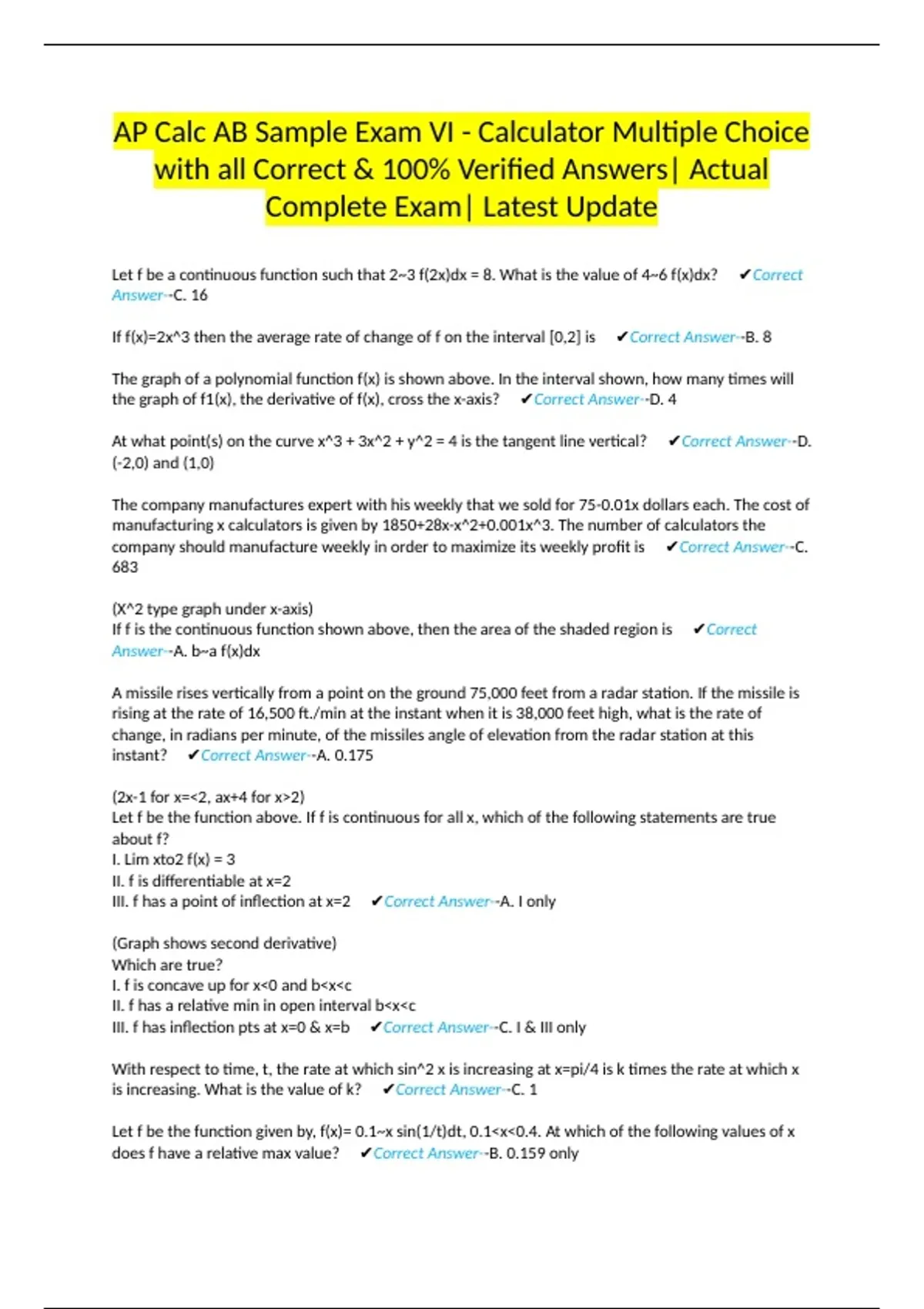 AP Calc AB Sample Exam VI - Calculator Multiple Choice with all Correct ...