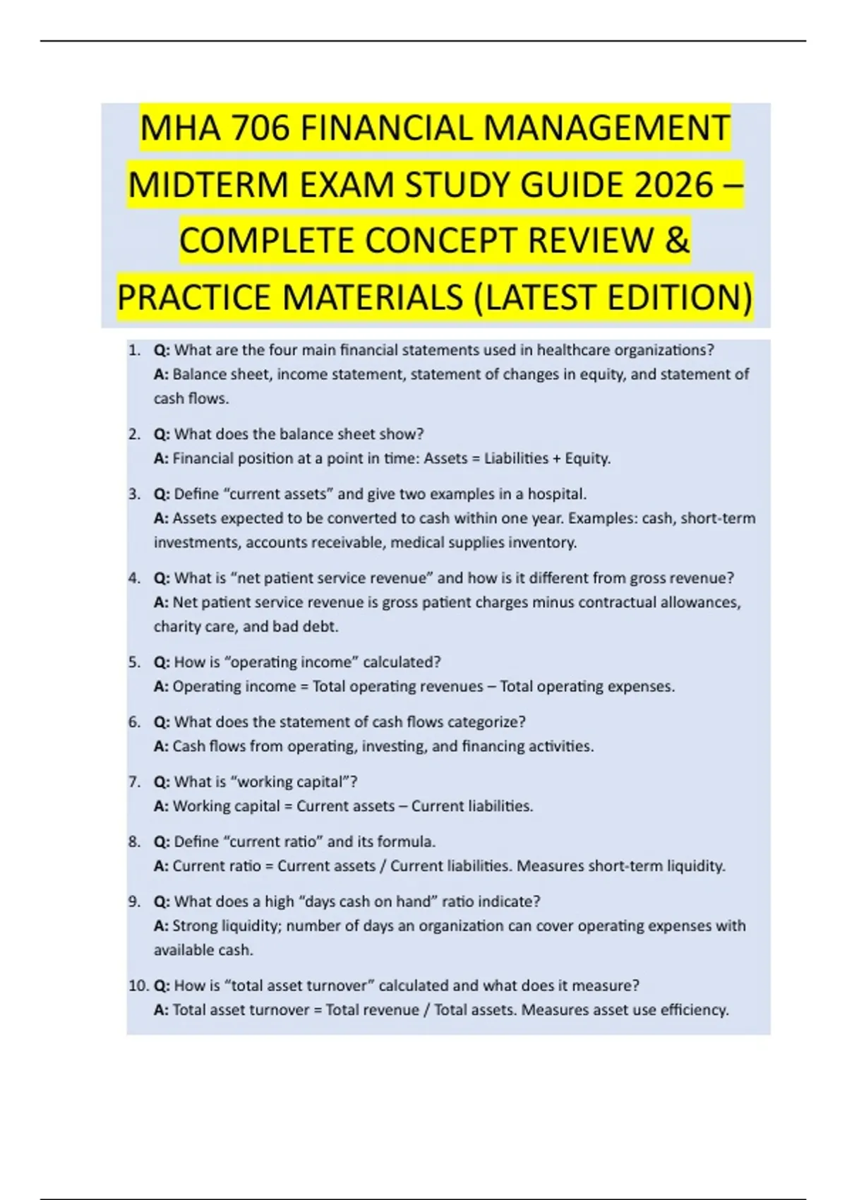MHA 706 FINANCIAL MANAGEMENT MIDTERM EXAM STUDY GUIDE 2026 – COMPLETE ...