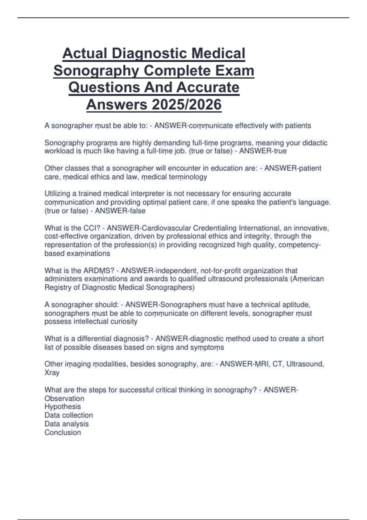 Actual Diagnostic Medical Sonography Complete Exam Questions And ...