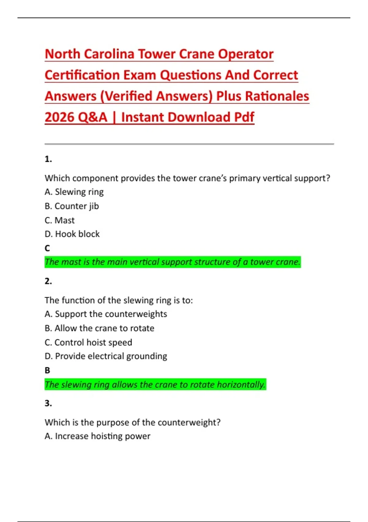 North Carolina Tower Crane Operator Certification Exam Questions And ...