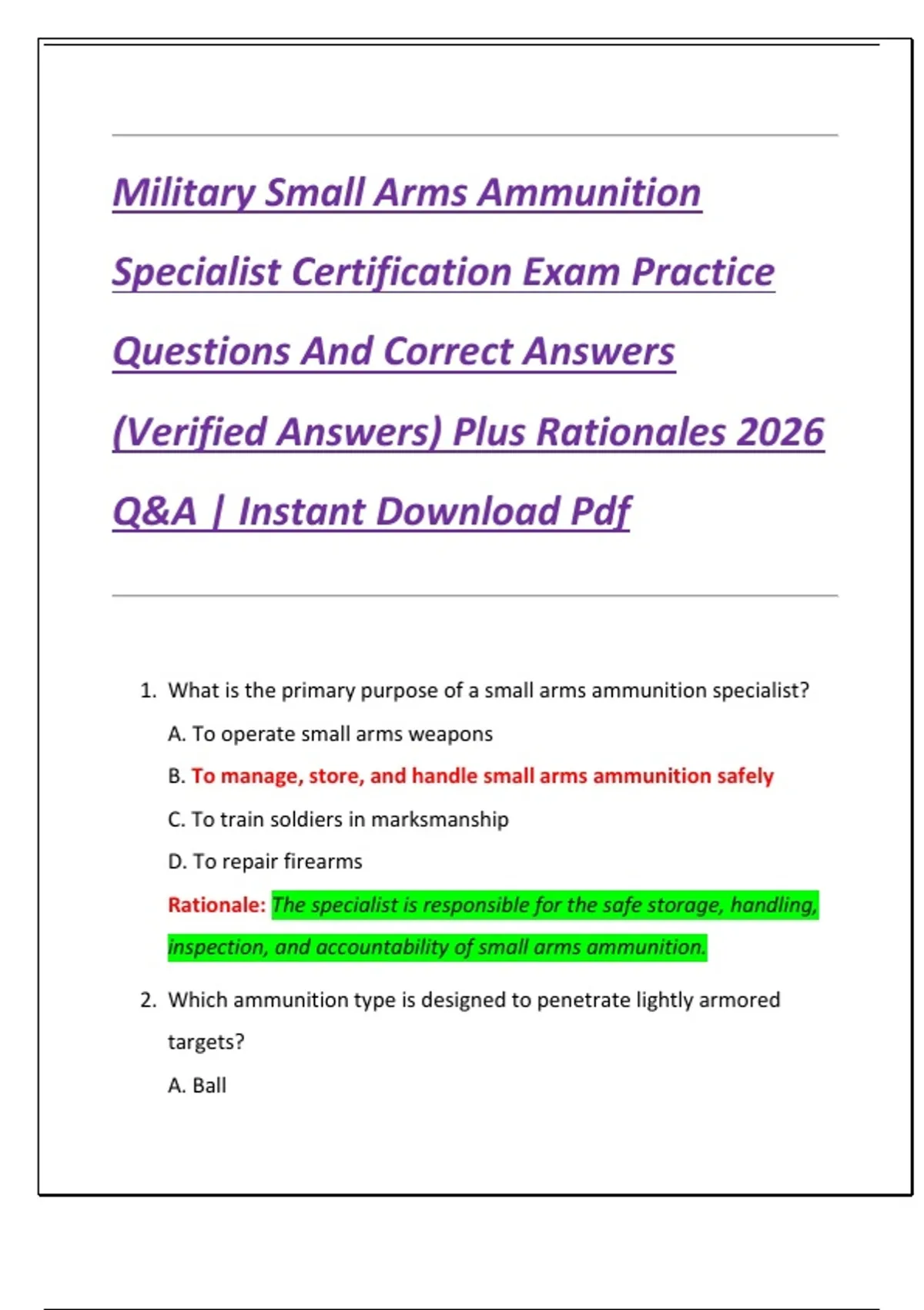 Smail Rasm Military Small Arms Ammunition Specialist Certification Exam Practice ...