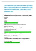 North Carolina Asbestos Inspector Certification  Exam Questions And Correct Answers &lpar;Verified  Answers&rpar; Plus Rationales 2026 Q&A &vert; Instant  Download Pdf 