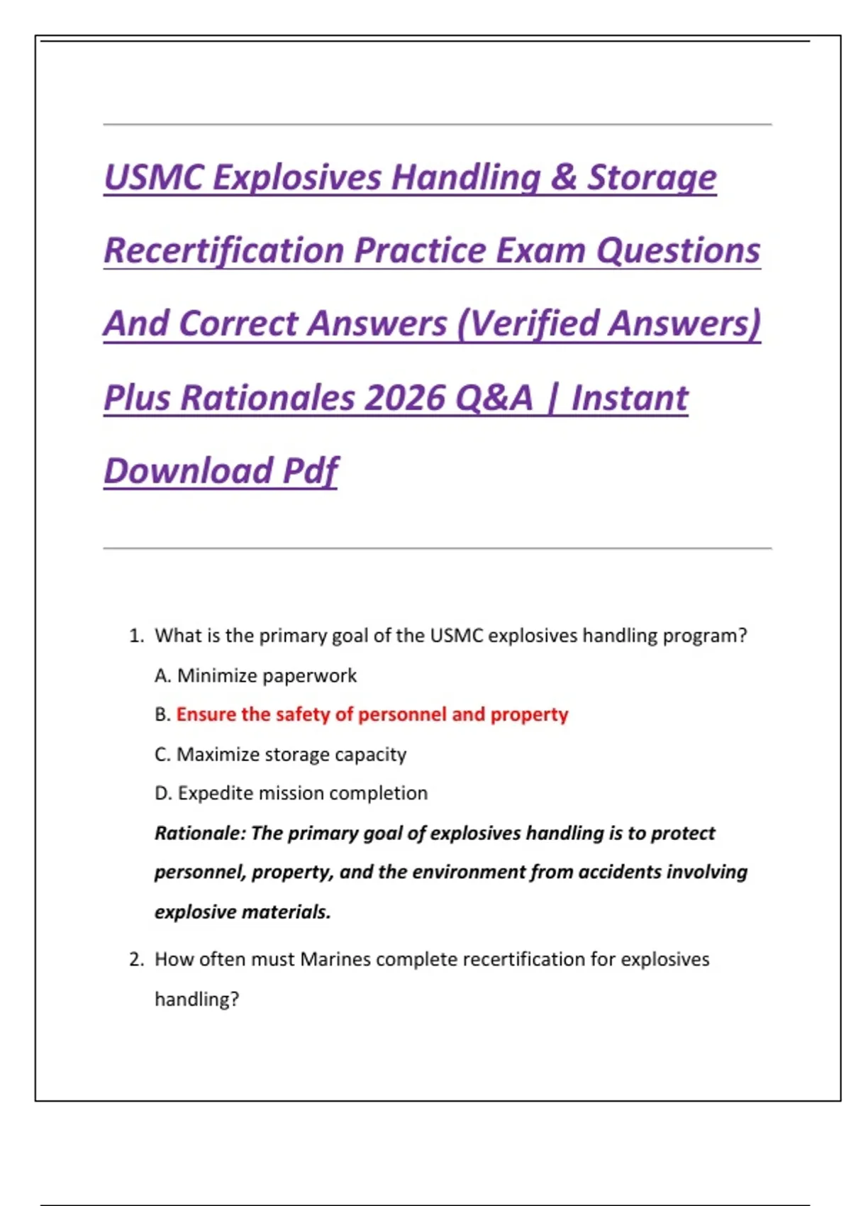 USMC Explosives Handling & Storage Recertification Practice Exam ...