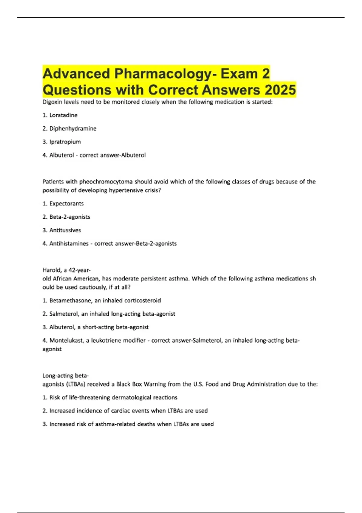 Advanced Pharmacology- Exam 2 Questions with Correct Answers 2026 ...