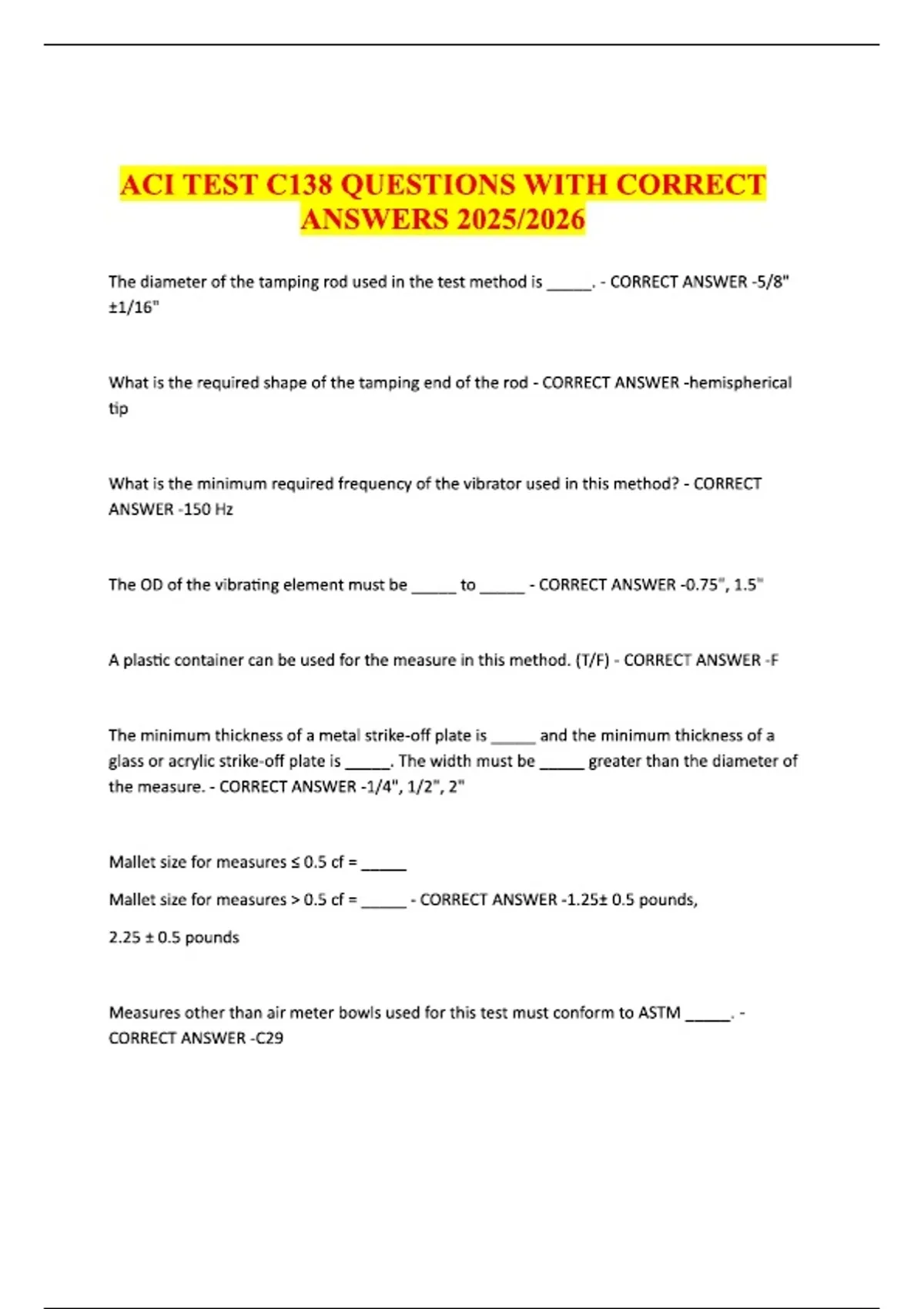 ACI TEST C138 QUESTIONS WITH CORRECT ANSWERS . - ACI - Stuvia US