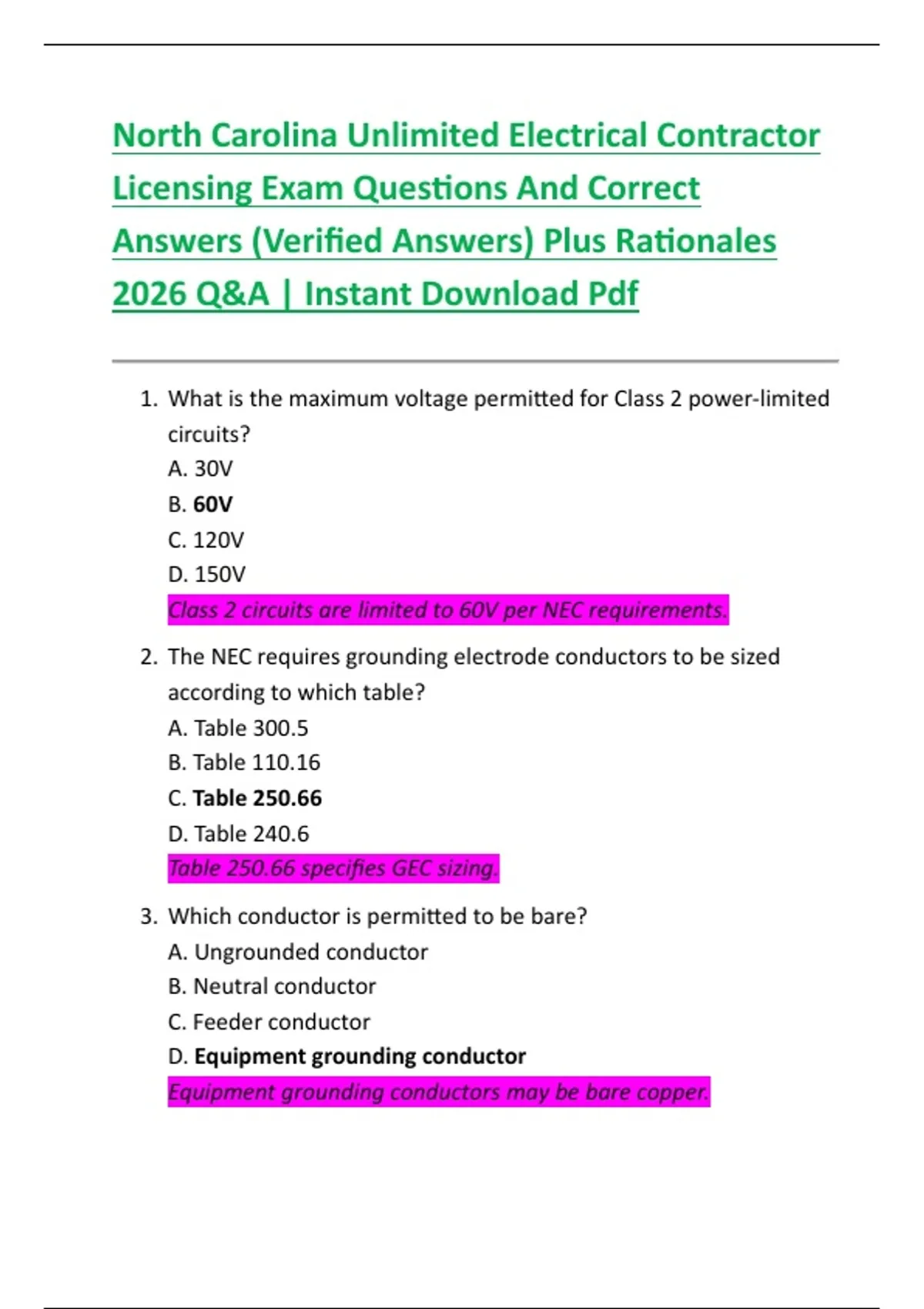 North Carolina Unlimited Electrical Contractor Licensing Exam Questions ...