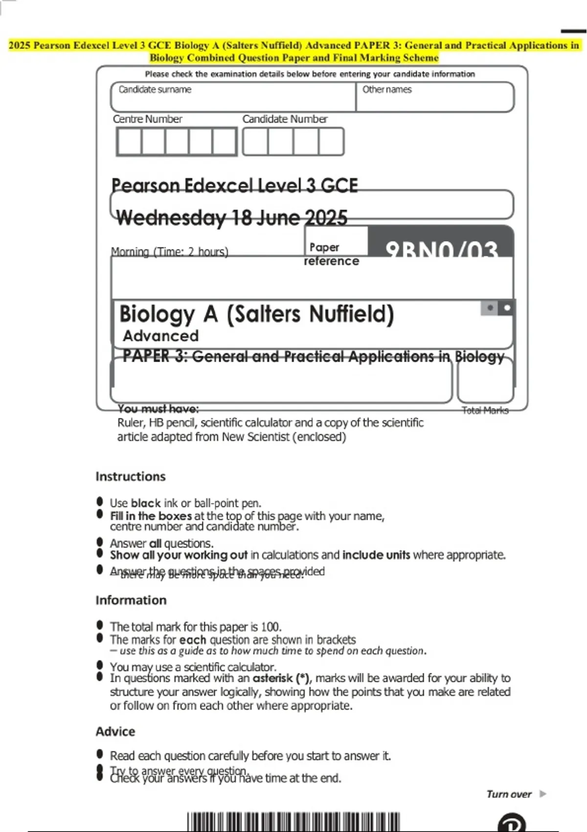 2025 Pearson Edexcel Level 3 GCE Biology A (Salters Nuffield) Advanced ...