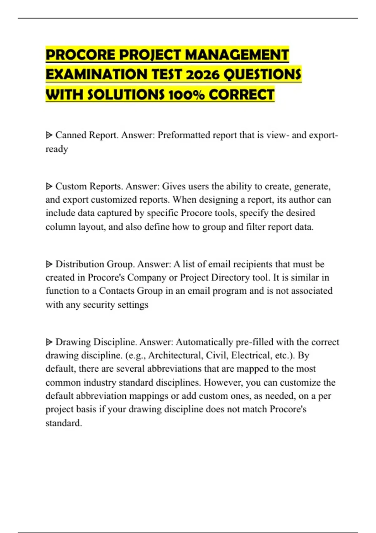 PROCORE PROJECT MANAGEMENT EXAMINATION TEST 2026 QUESTIONS WITH ...