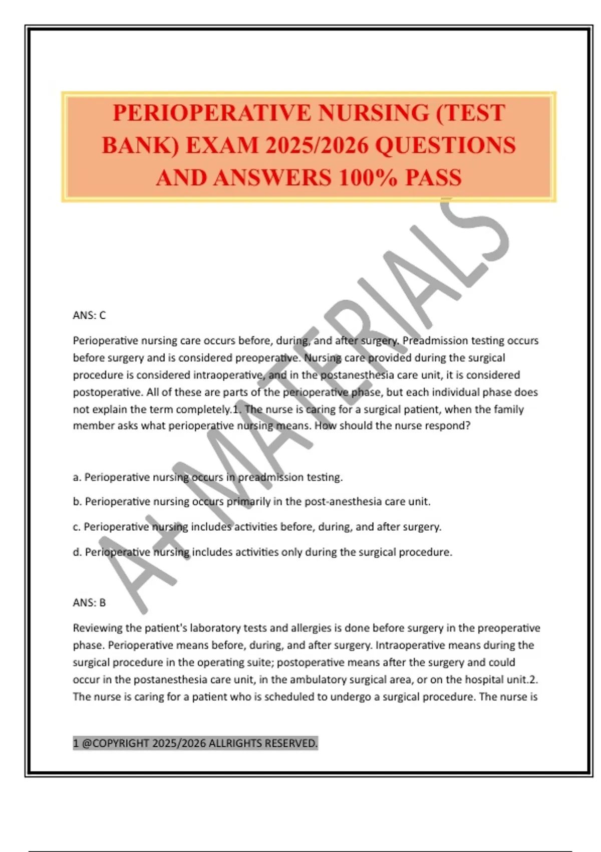 PERIOPERATIVE NURSING (TEST BANK) EXAM 2025/2026 QUESTIONS AND ANSWERS ...