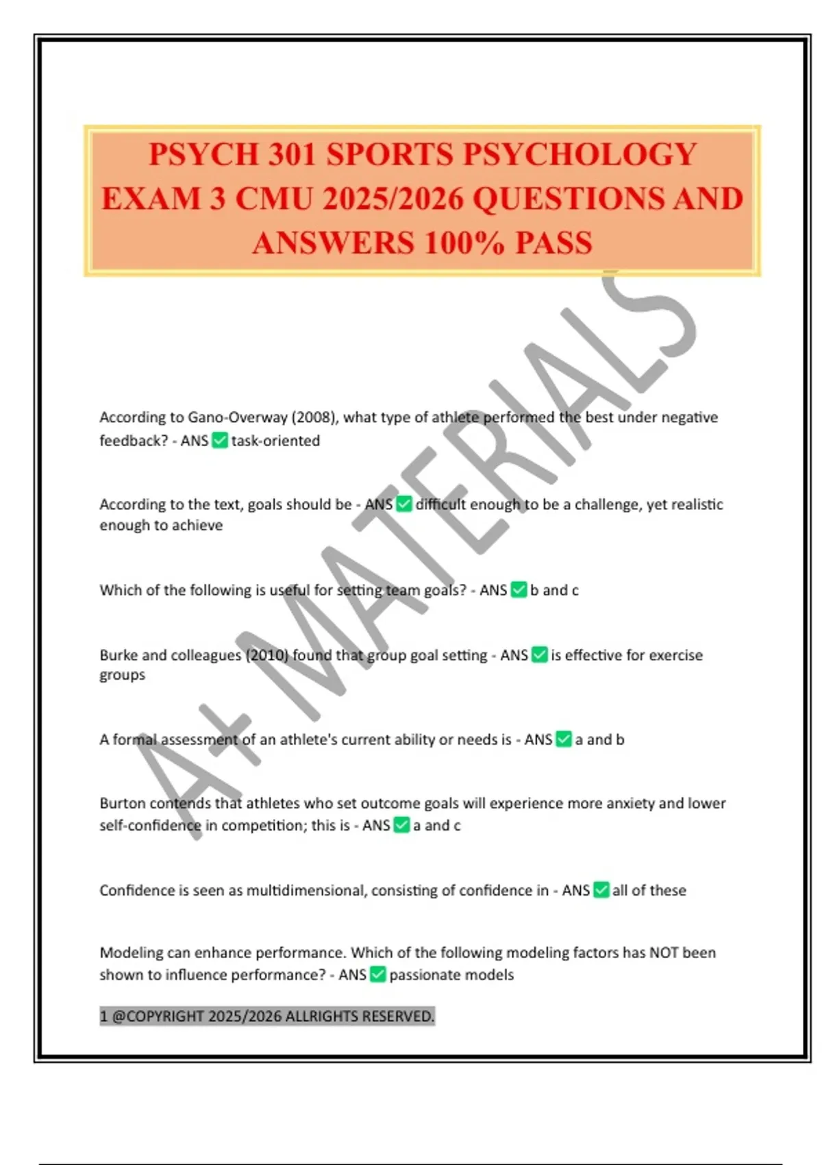 PSYCH 301 SPORTS PSYCHOLOGY EXAM 3 CMU 2025/2026 QUESTIONS AND ANSWERS ...