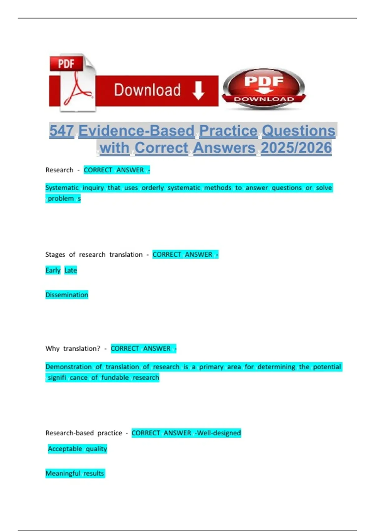 Practice Based Questions 547 Evidence-Based Practice Questions with Correct Answers - 547 ...