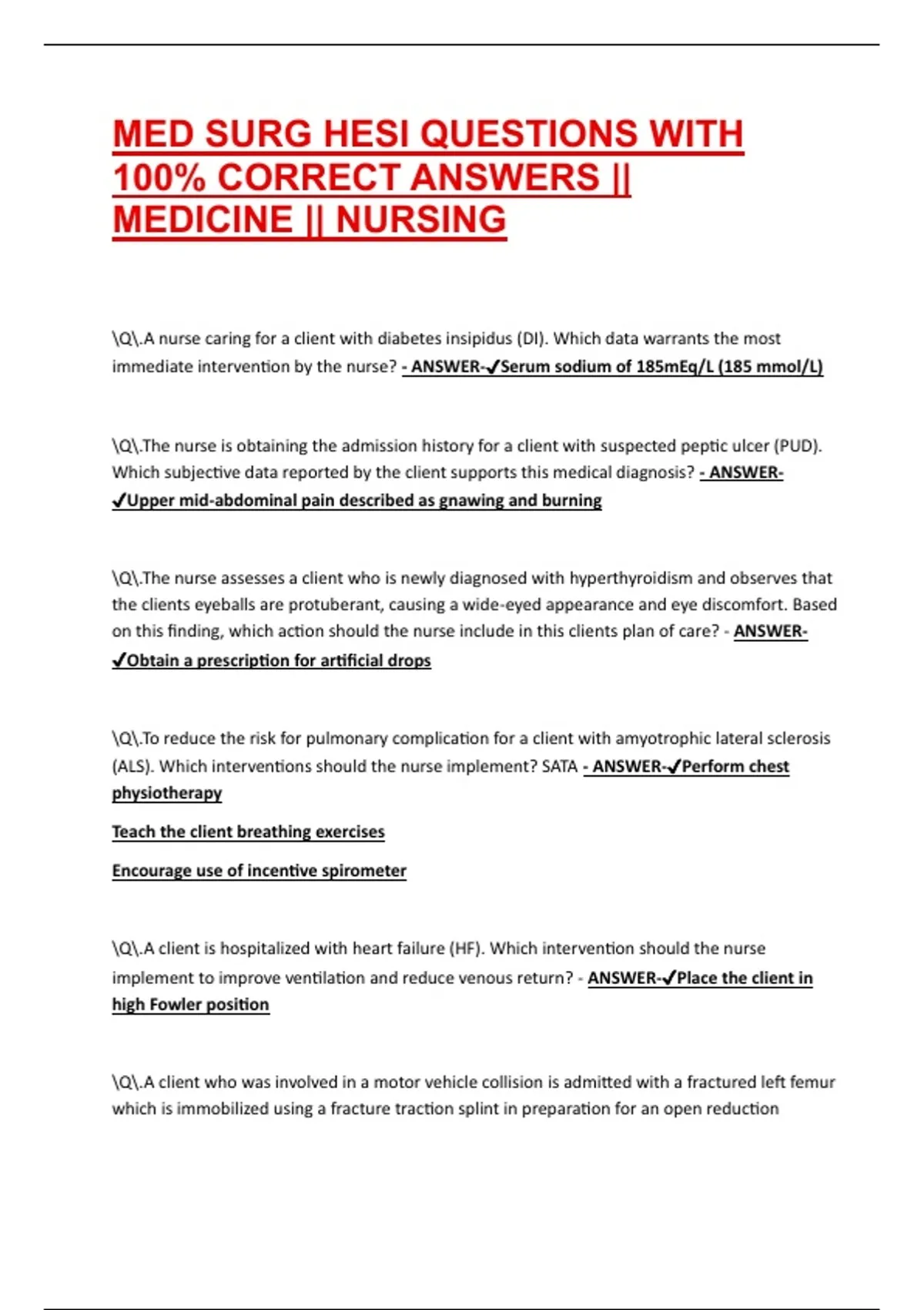 MED SURG HESI QUESTIONS WITH 100% CORRECT ANSWERS || MEDICINE ...