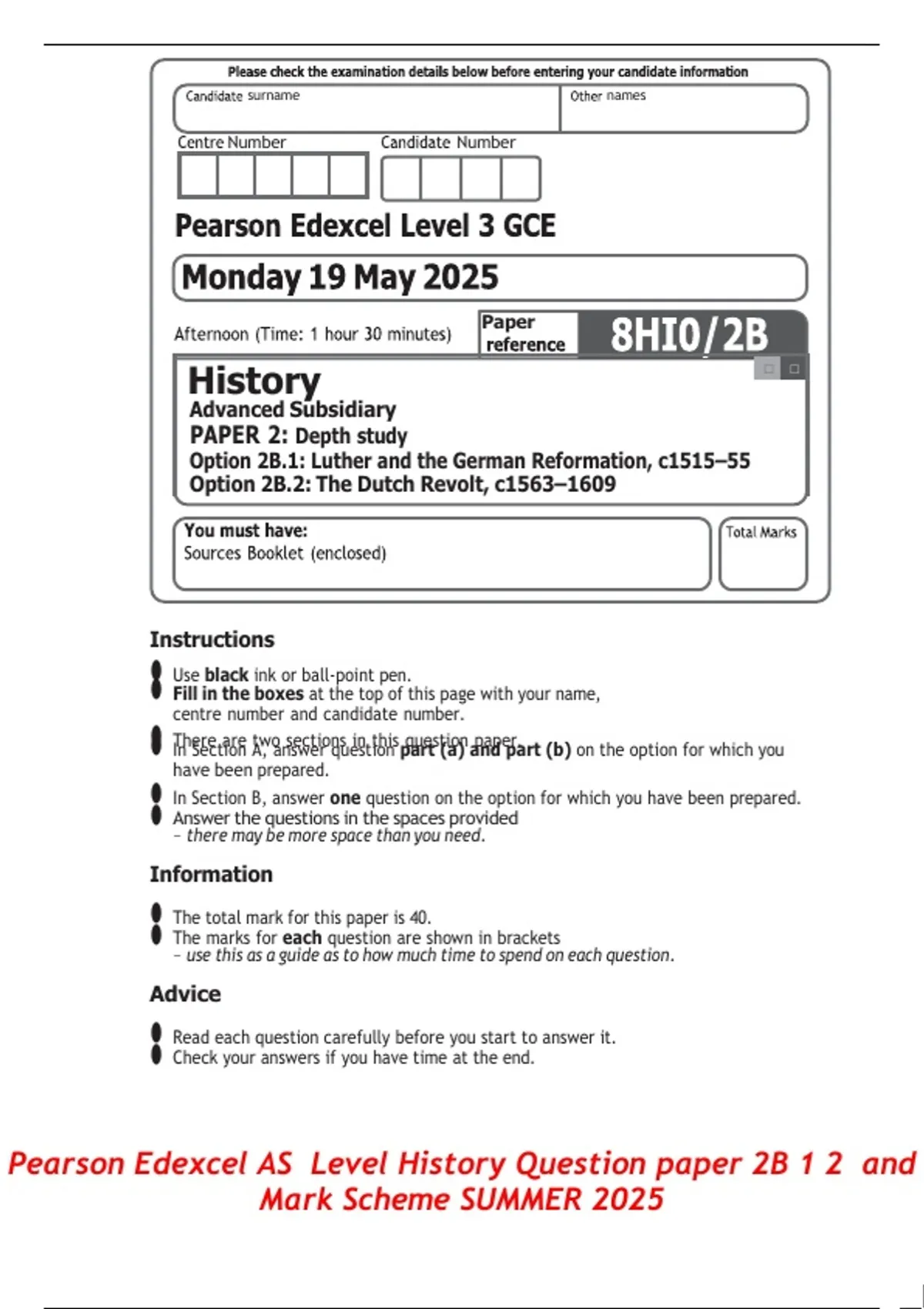 Pearson Edexcel AS Level History Question paper 2B 1 2 and Mark Scheme ...