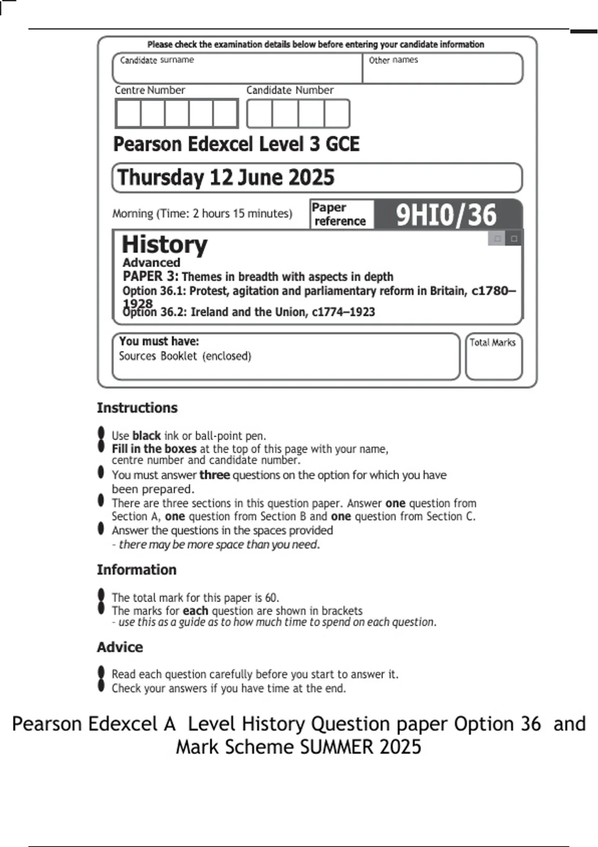 Pearson Edexcel A Level History Question paper Option 36 and Mark ...