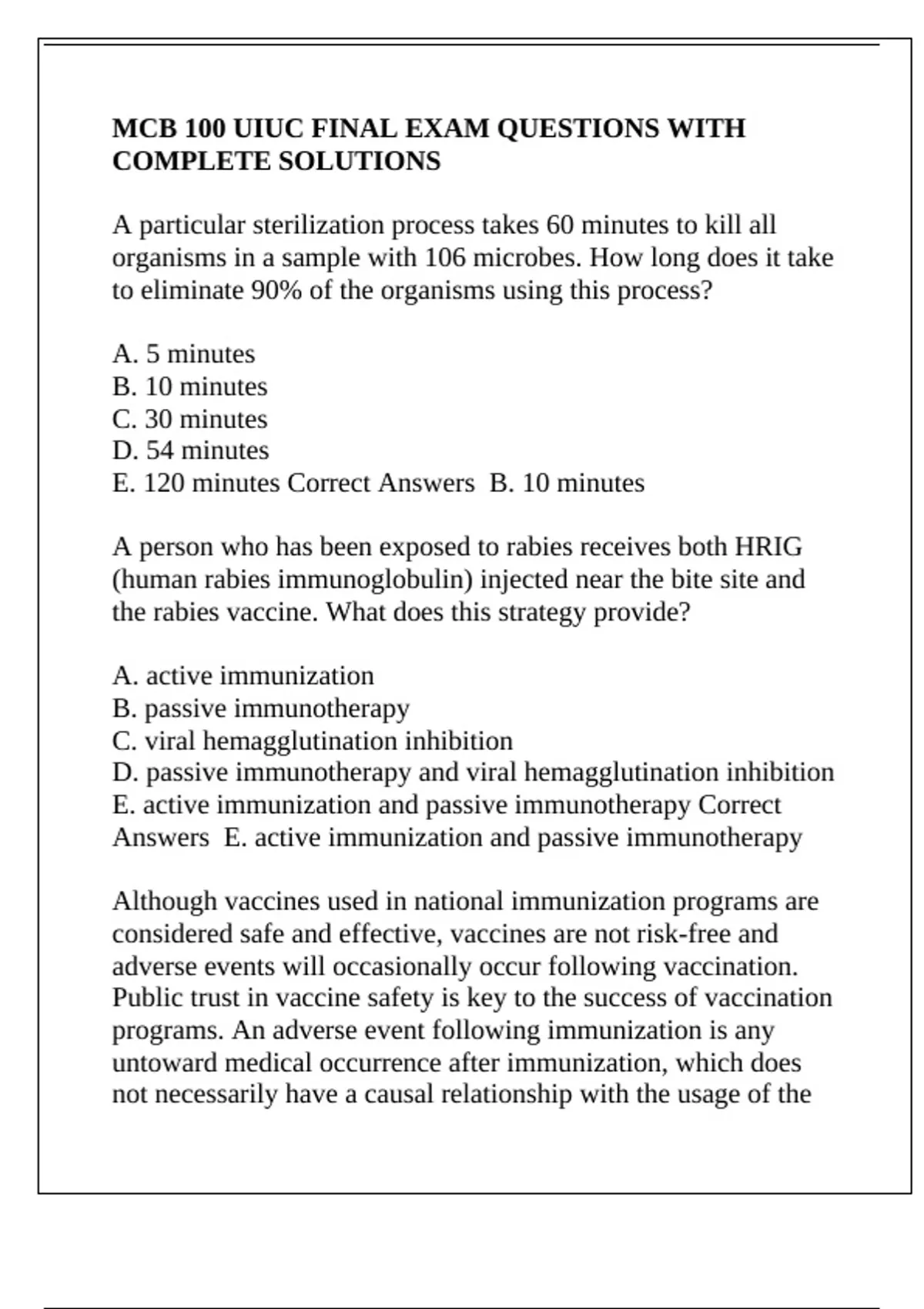 MCB 100 UIUC FINAL EXAM QUESTIONS WITH COMPLETE SOLUTIONS - MCB 100 ...