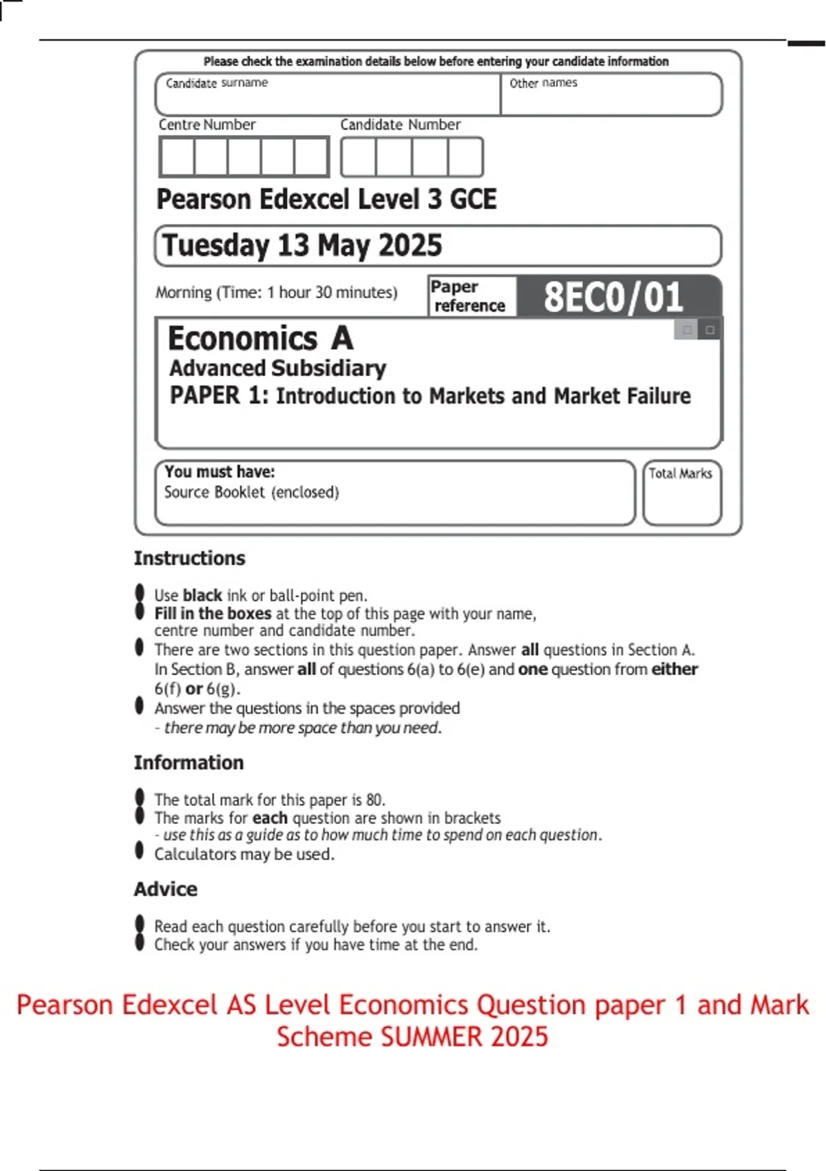 Pearson Edexcel AS Level Economics Question paper 1 and Mark Scheme ...
