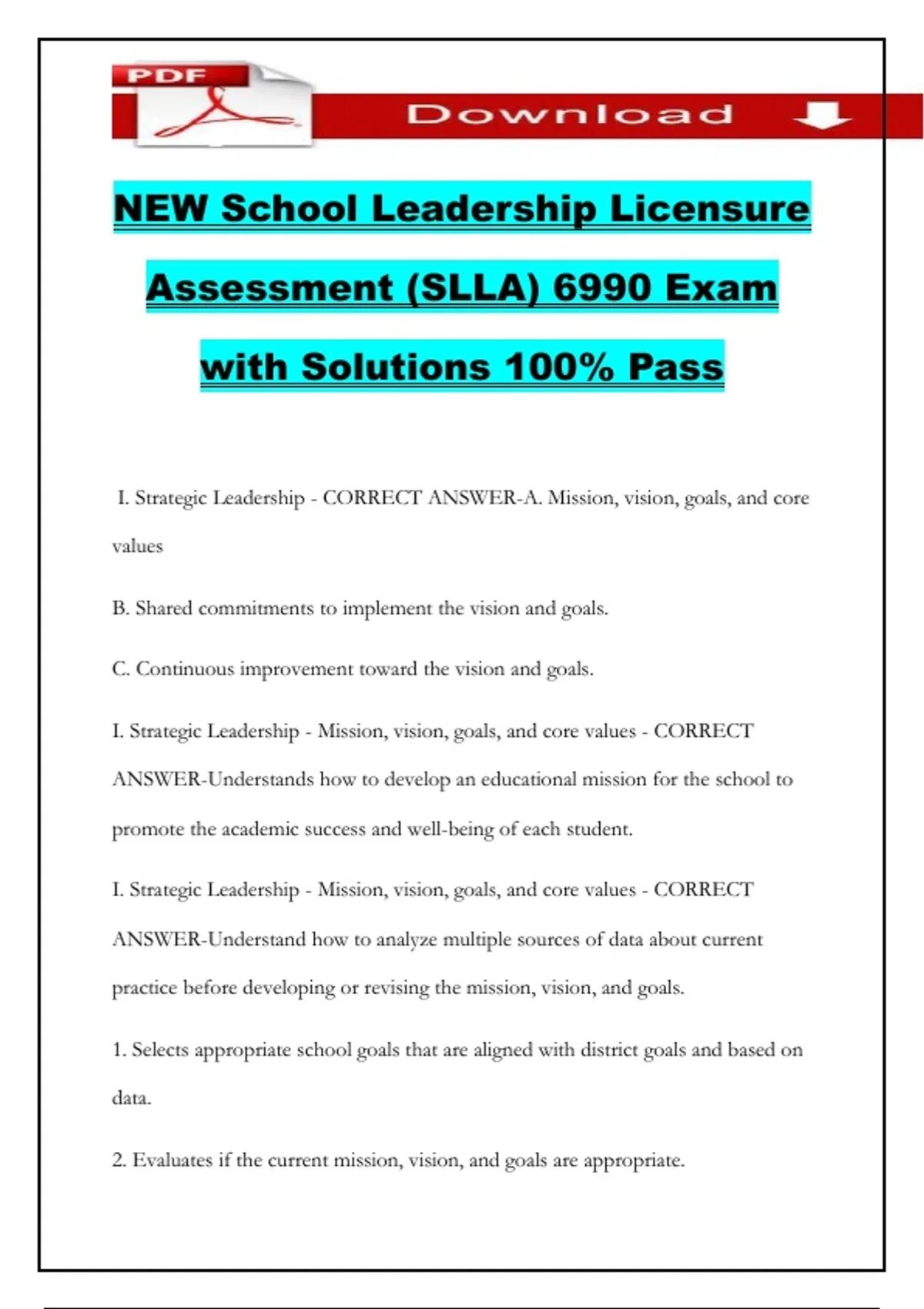 NEW School Leadership Licensure Assessment (SLLA) 6990 Exam with ...