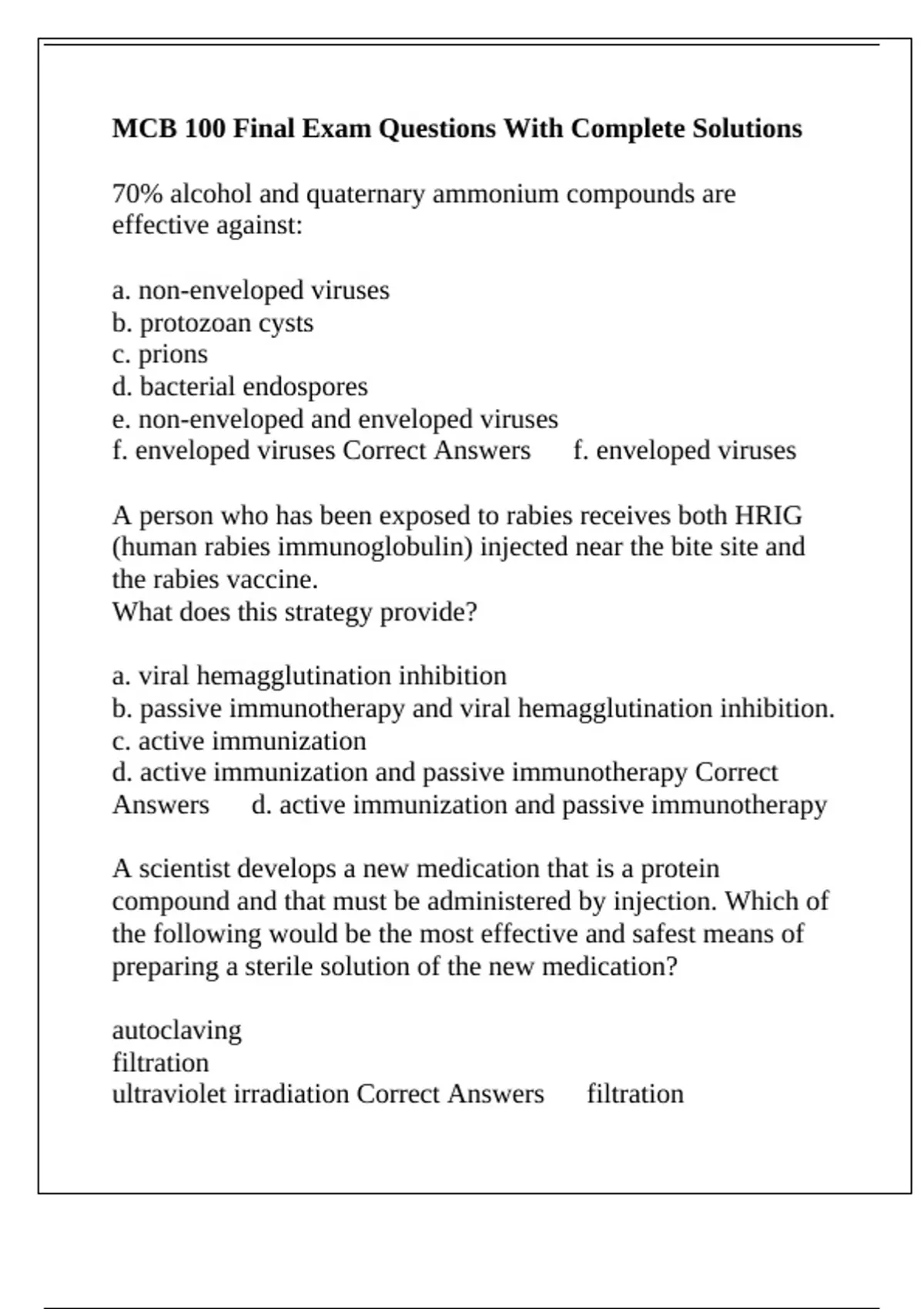 MCB 100 Final Exam Questions With Complete Solutions - MCB 100 - Stuvia US