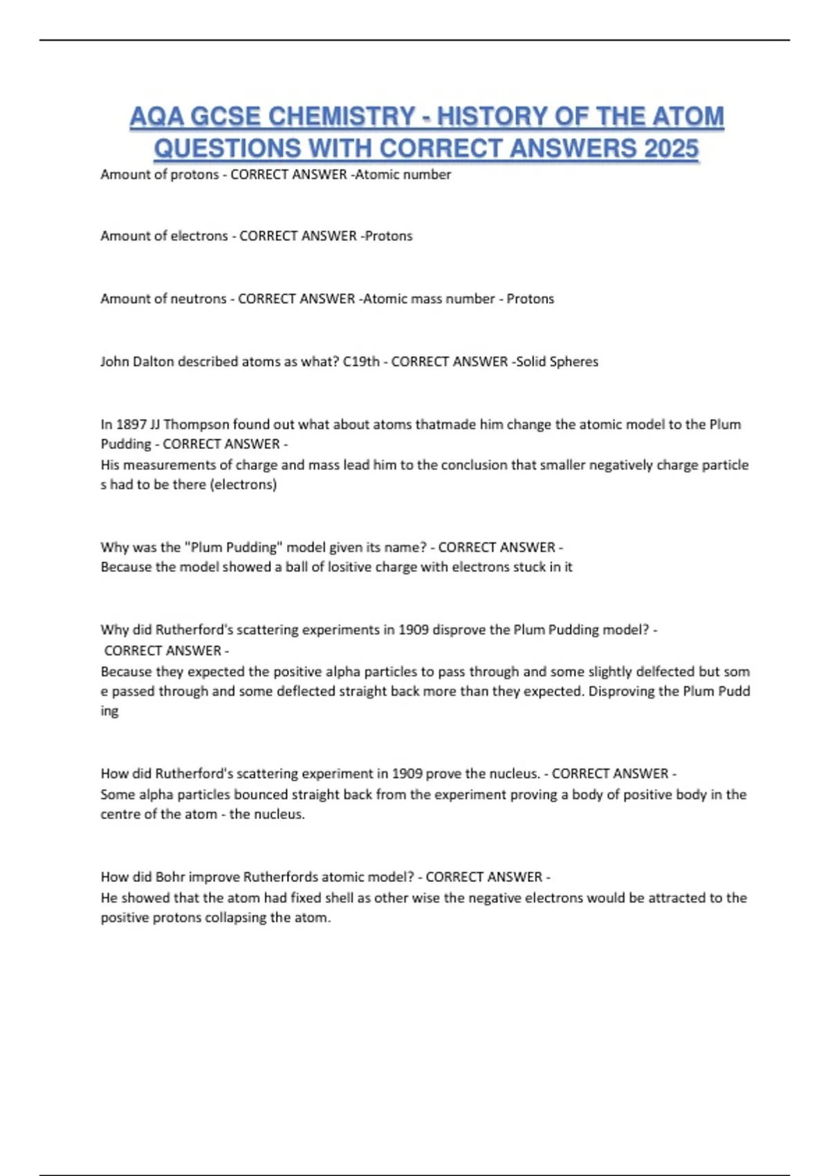 AQA GCSE CHEMISTRY - HISTORY OF THE ATOM QUESTIONS WITH CORRECT ANSWERS ...