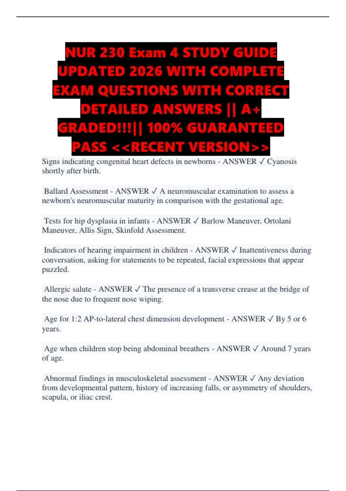 NUR 230 Exam 4 STUDY GUIDE UPDATED 2026 WITH COMPLETE EXAM QUESTIONS ...