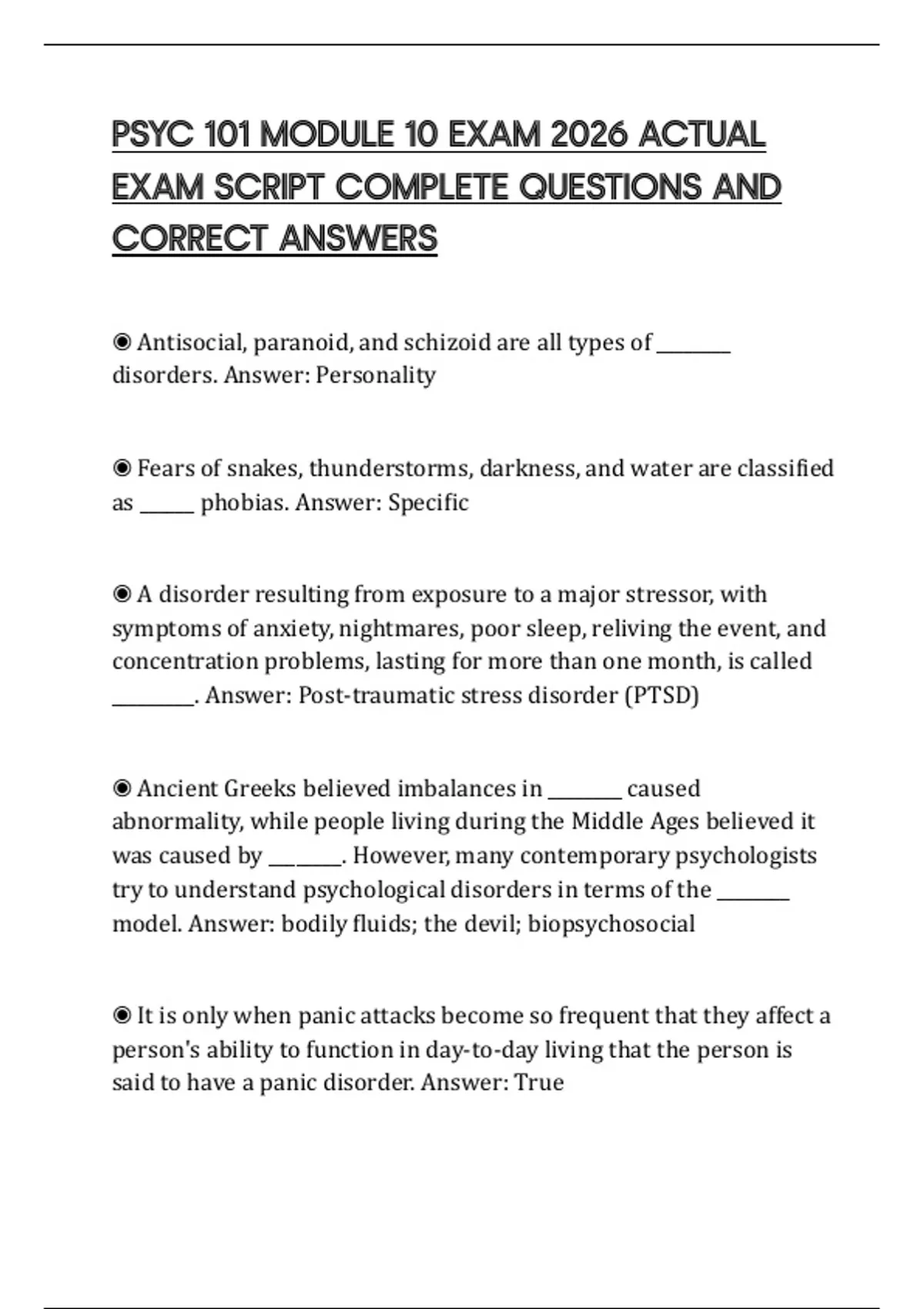 PSYC 101 MODULE 10 EXAM 2026 ACTUAL EXAM SCRIPT COMPLETE QUESTIONS AND ...