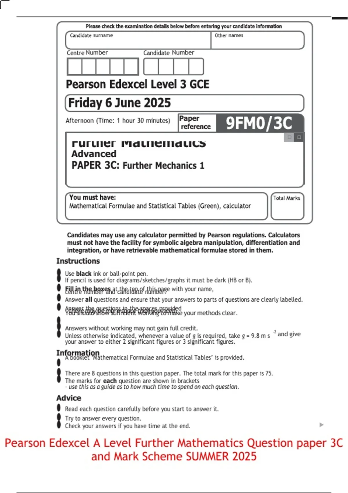 Pearson Edexcel A Level Further Mathematics Question paper 3C and Mark ...