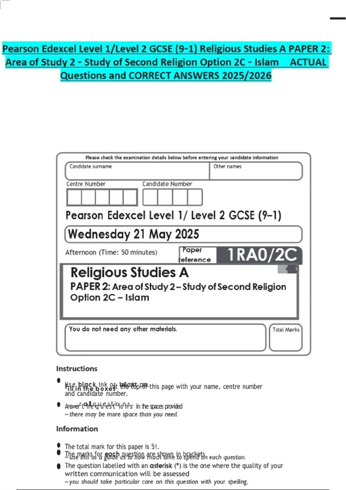 Pearson Edexcel Level 1/Level 2 GCSE (9–1) Religious Studies A PAPER 2 ...