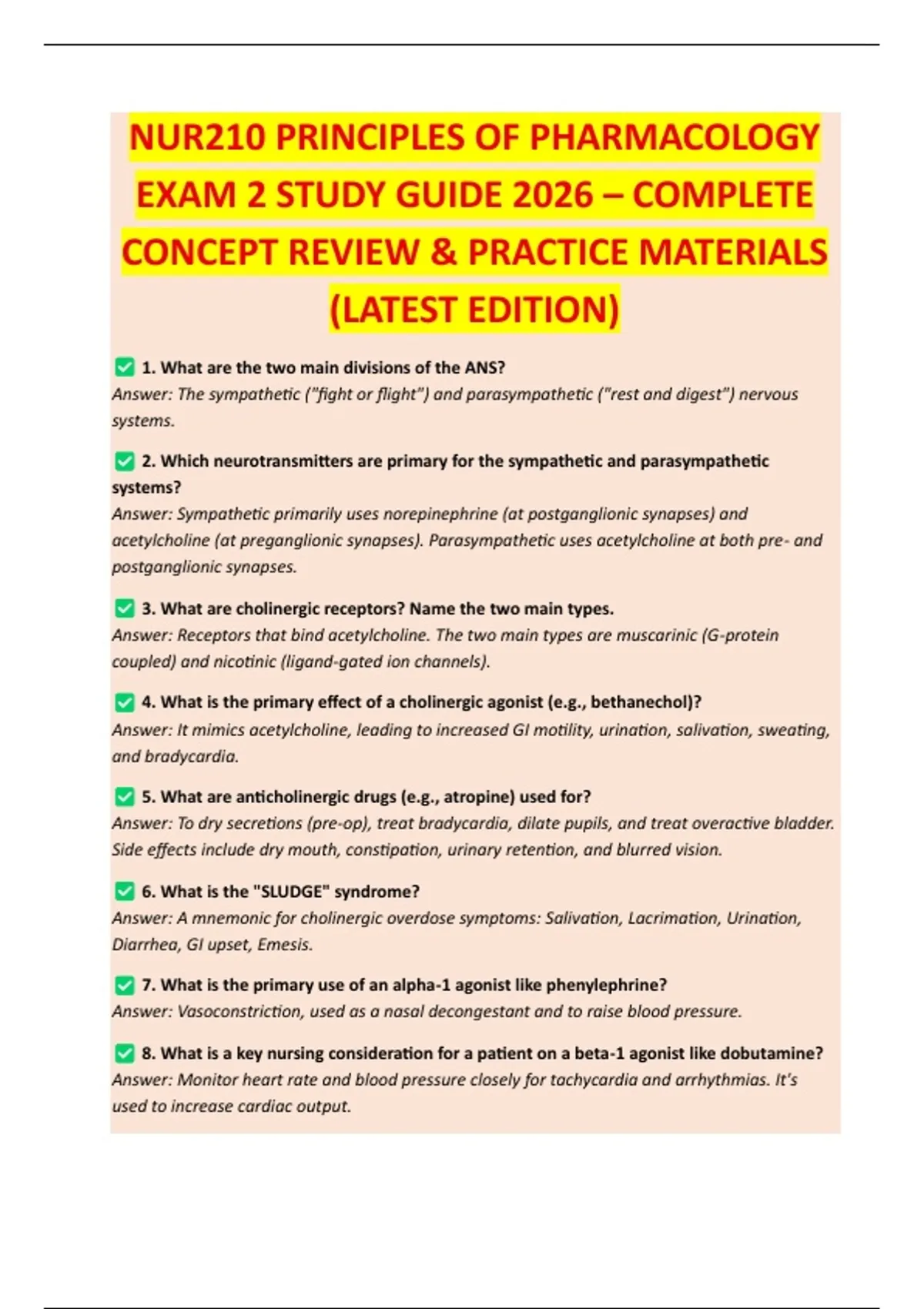 NUR210 PRINCIPLES OF PHARMACOLOGY EXAM 2 STUDY GUIDE 2026 – COMPLETE ...