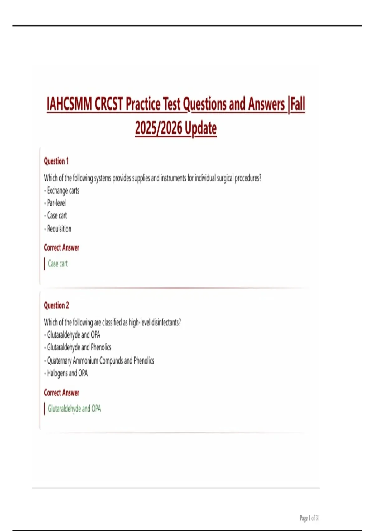 IAHCSMM CRCST Practice Test Questions and Answers |Fall 2025/2026 ...