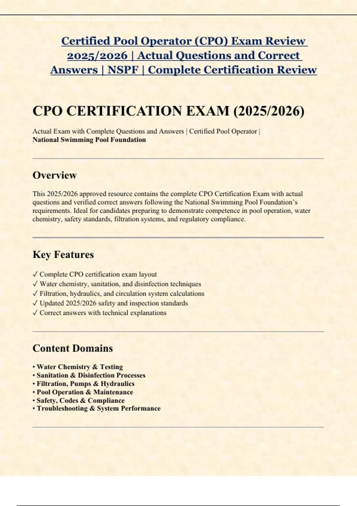 Certified Pool Operator (CPO) Exam Review 2025/2026 | Actual Questions ...