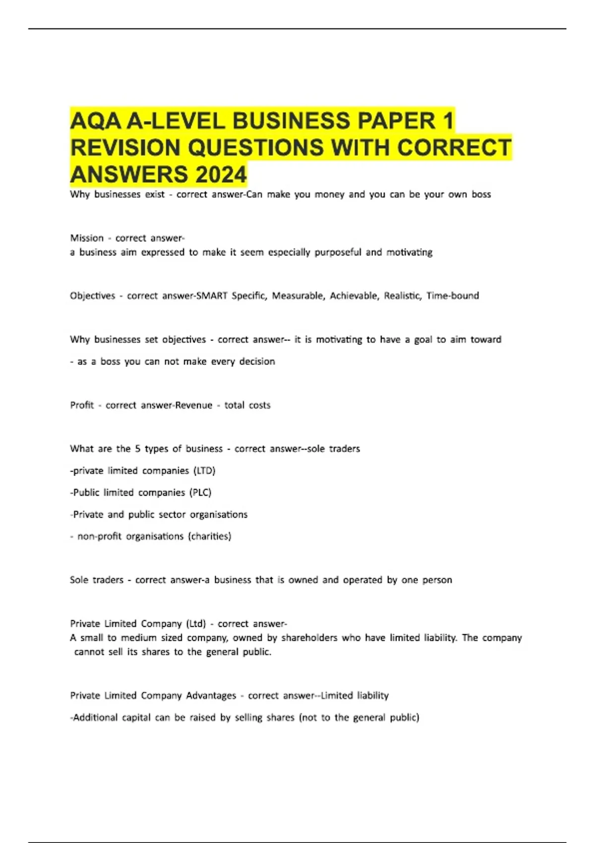 AQA A-LEVEL BUSINESS PAPER 1 REVISION QUESTIONS WITH CORRECT ANSWERS ...