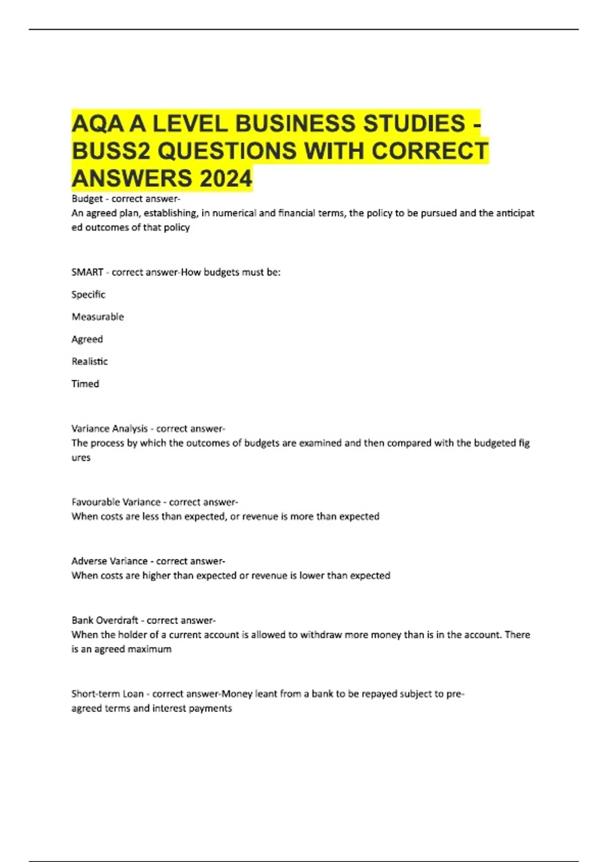 AQA A LEVEL BUSINESS STUDIES - BUSSINESS 2 QUESTIONS WITH CORRECT ...