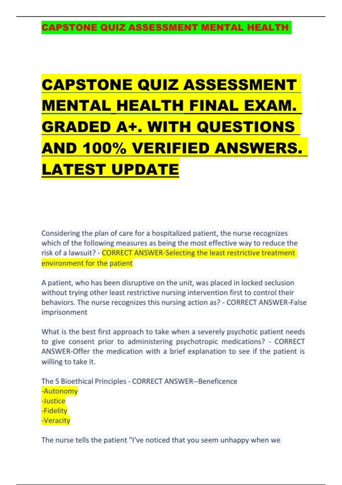 CAPSTONE QUIZ ASSESSMENT MENTAL HEALTH CAPSTONE QUIZ ASSESSMENT MENTAL ...