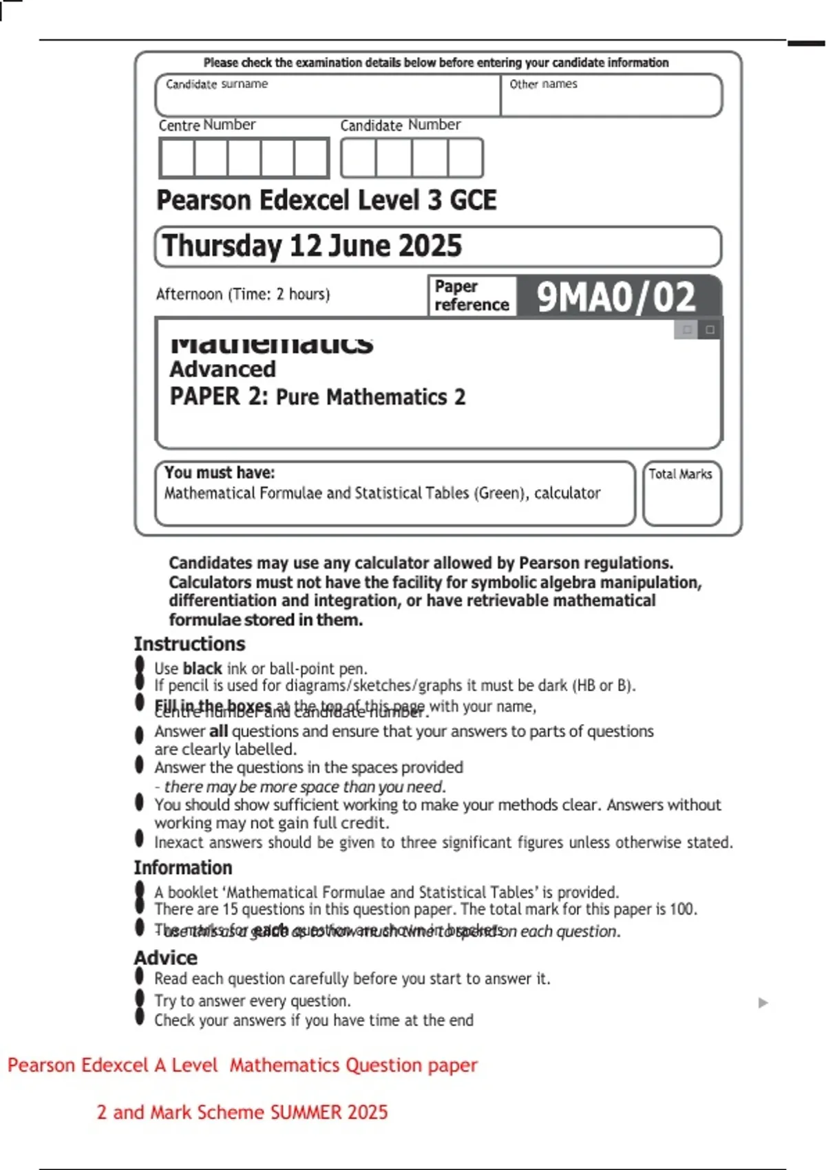 Pearson Edexcel A Level Mathematics Question paper 2 and Mark Scheme ...