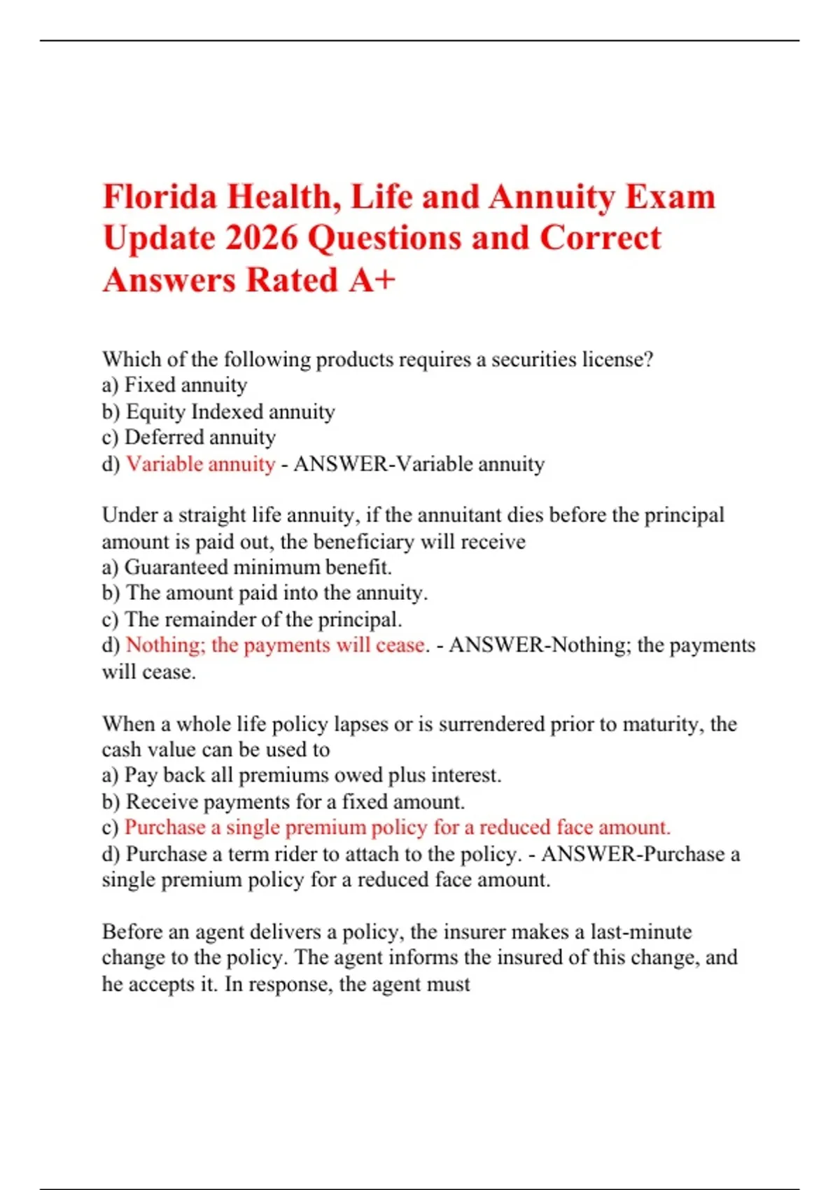 Florida Annuity Example Florida Health, Life and Annuity Exam Update 2026 Questions and Correct ...