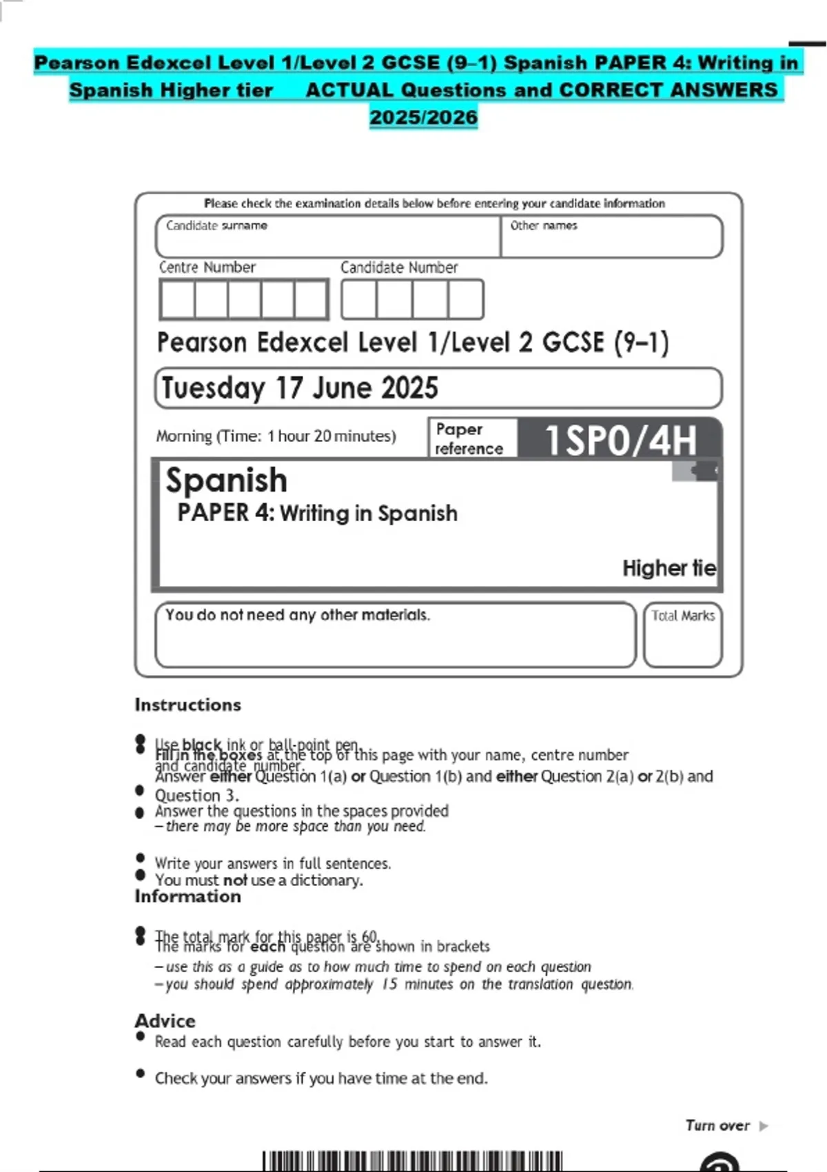 Pearson Spanish Questions Module Pearson Edexcel Level 1/Level 2 GCSE (9–1) Spanish PAPER 4: Writing in ...
