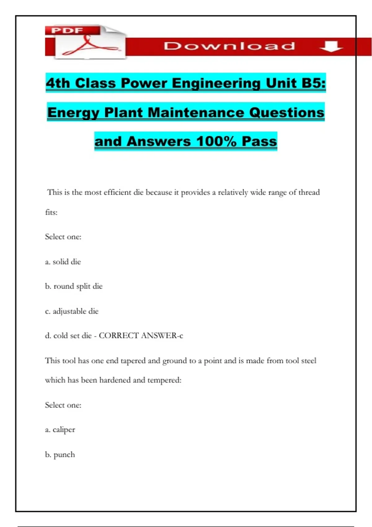 4th Class Power Engineering Unit B5: Energy Plant Maintenance Questions ...