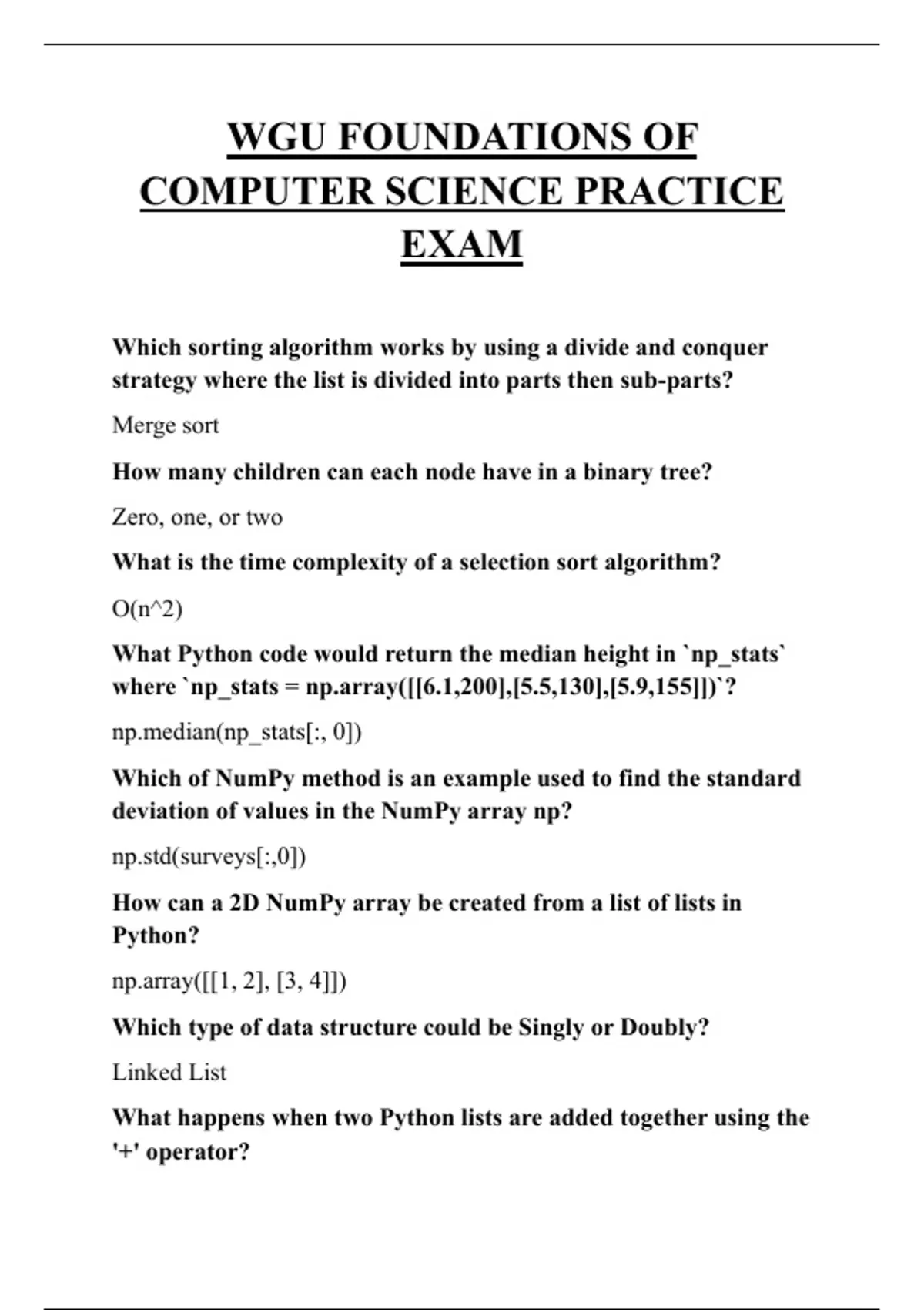 Wgu Computer Science Program WGU FOUNDATIONS OF COMPUTER SCIENCE PRACTICE EXAM QUESTIONS AND ANSWERS ...