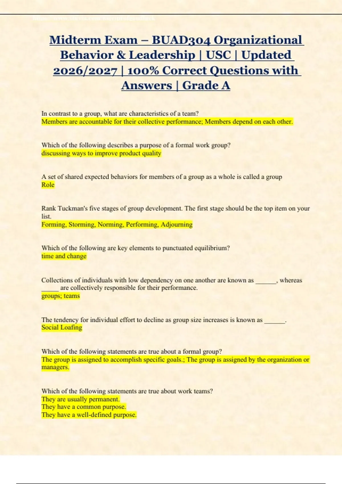 Midterm Exam – BUAD304 Organizational Behavior & Leadership | USC ...