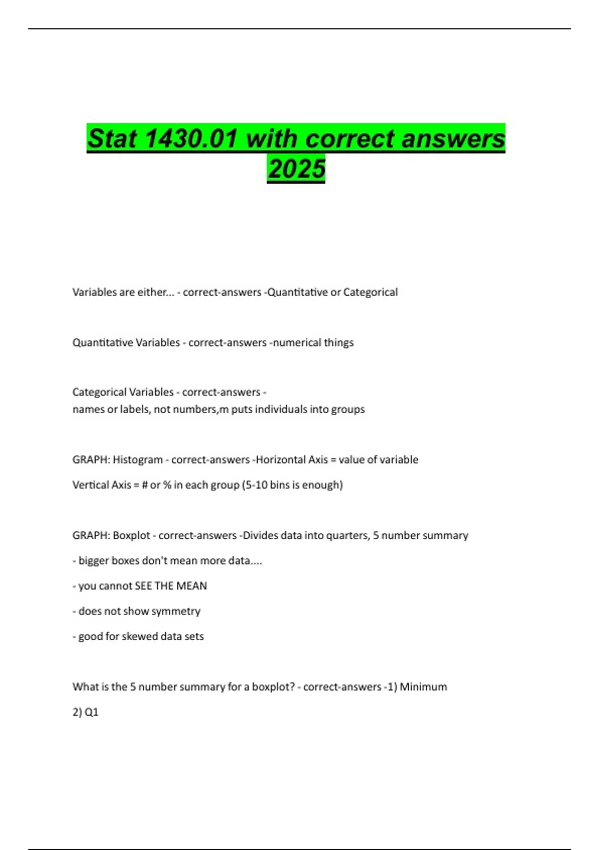 Complete StaComplete Stat 1430 final exam study guide for 2025. Covers ...