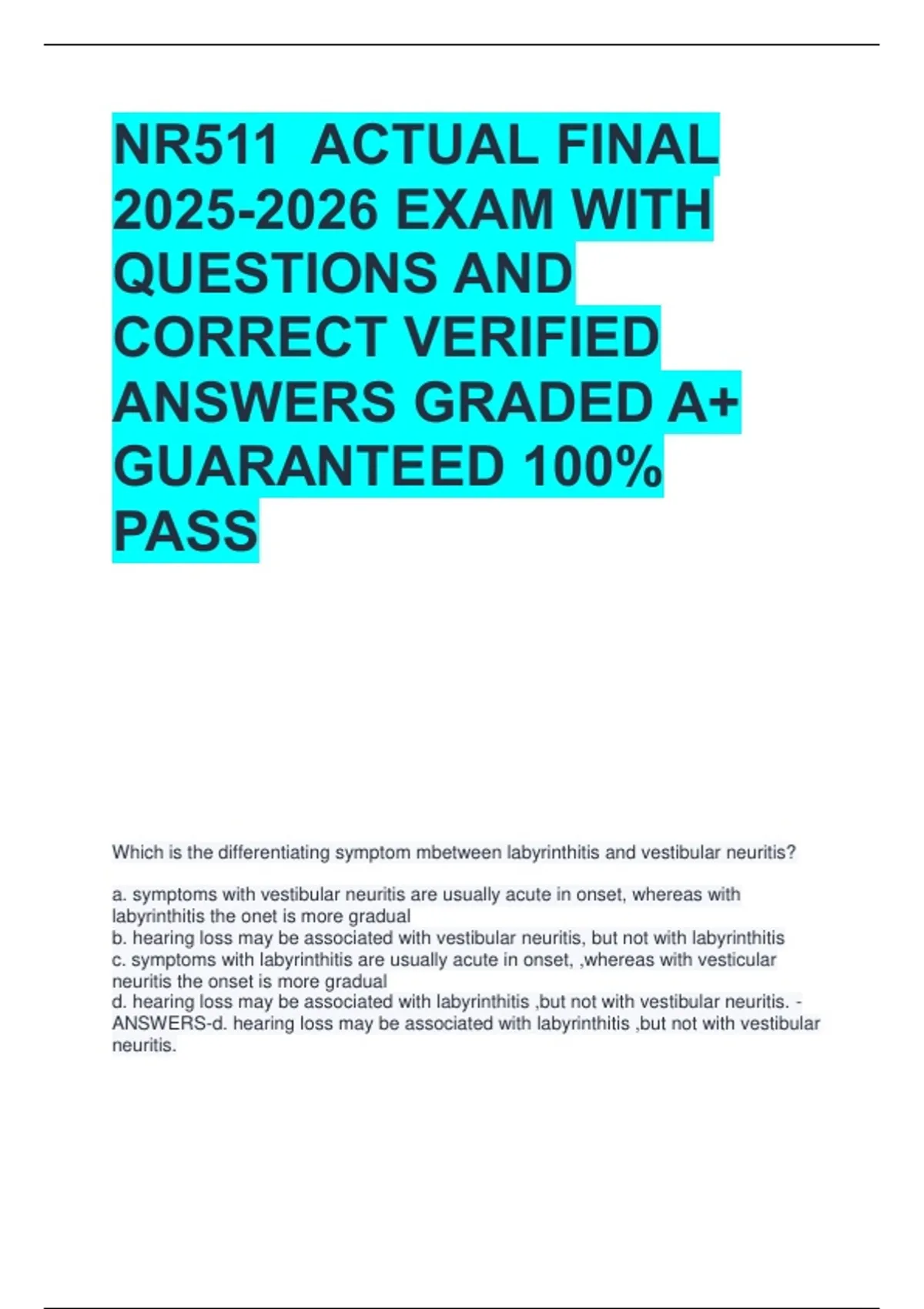 NR511 ACTUAL FINAL EXAM WITH QUESTIONS AND CORRECT VERIFIED ANSWERS ...
